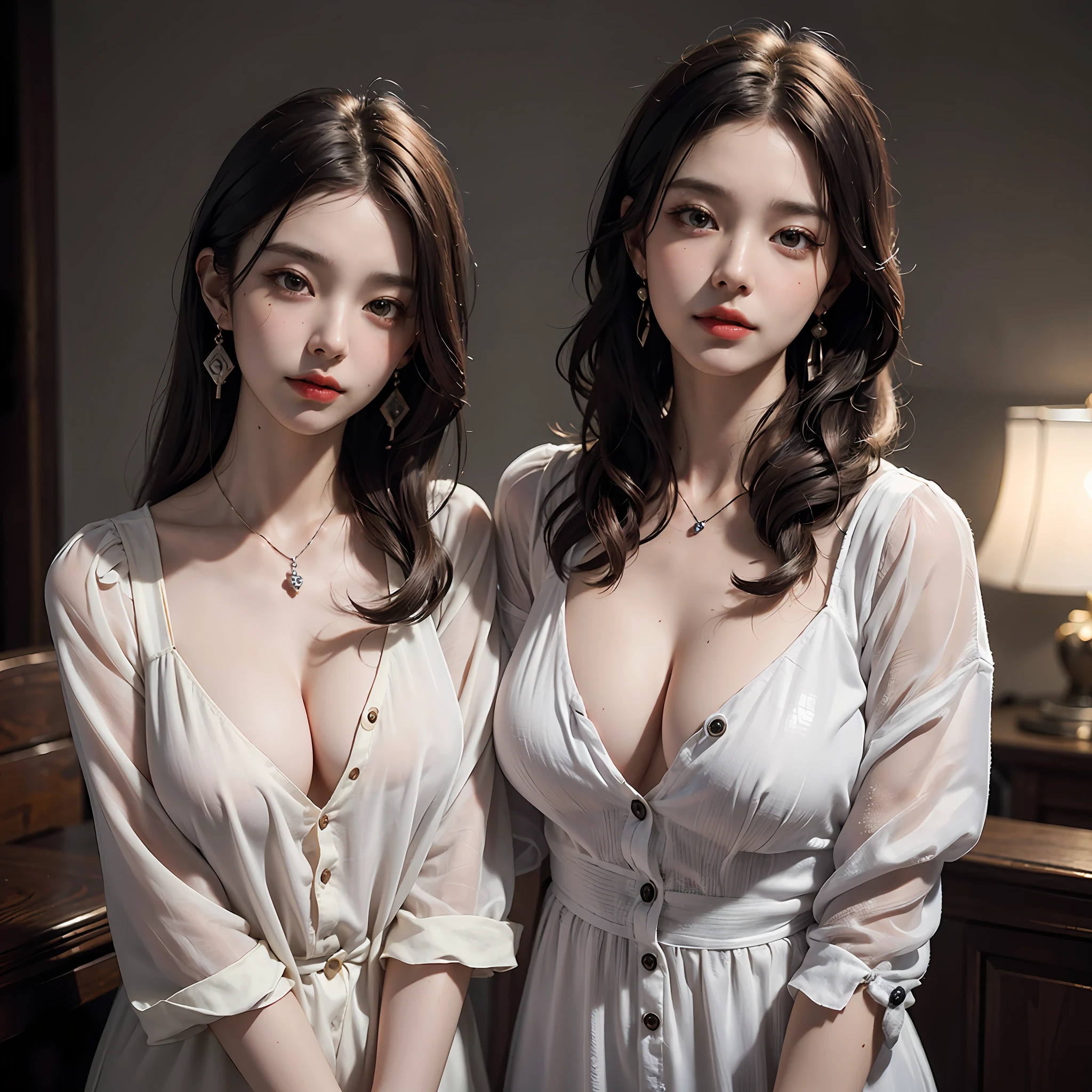 Wearing only one long shirt, (all buttons open: 1.1), big breasts, deep cleavage, best quality, masterpiece, illustration, very delicate and beautiful, very detailed, CG, unity, 8K wallpapers, amazing, fine detail, very detailed CG Unity 8K wallpapers, huge file size, very detailed, high resolution, handsome detail woman, very detailed eyes and face, wonderful detailed eyes, light on face, (Best Illustration: 1.1), (Best Shadow: 1.1), Ultra High Resolution, (Photoreal: 1.1), (Photo Realistic: 1.2:1.1), Realistic Face Proportions, Slender, Smile, (Makeup: 0.4), (Fluffy Black Eyes: 1.21), Black Eyes, Looking at the Viewer, Dark Brown Hair, Earrings, Necklaces, Hairpins, Cowboy Shots, (Irregular Irregular Skin Imperfections, Veins, Skin Wrinkles Pores: 1.2), (Dark Night Background: 1.2), (Bokeh: 1.4),