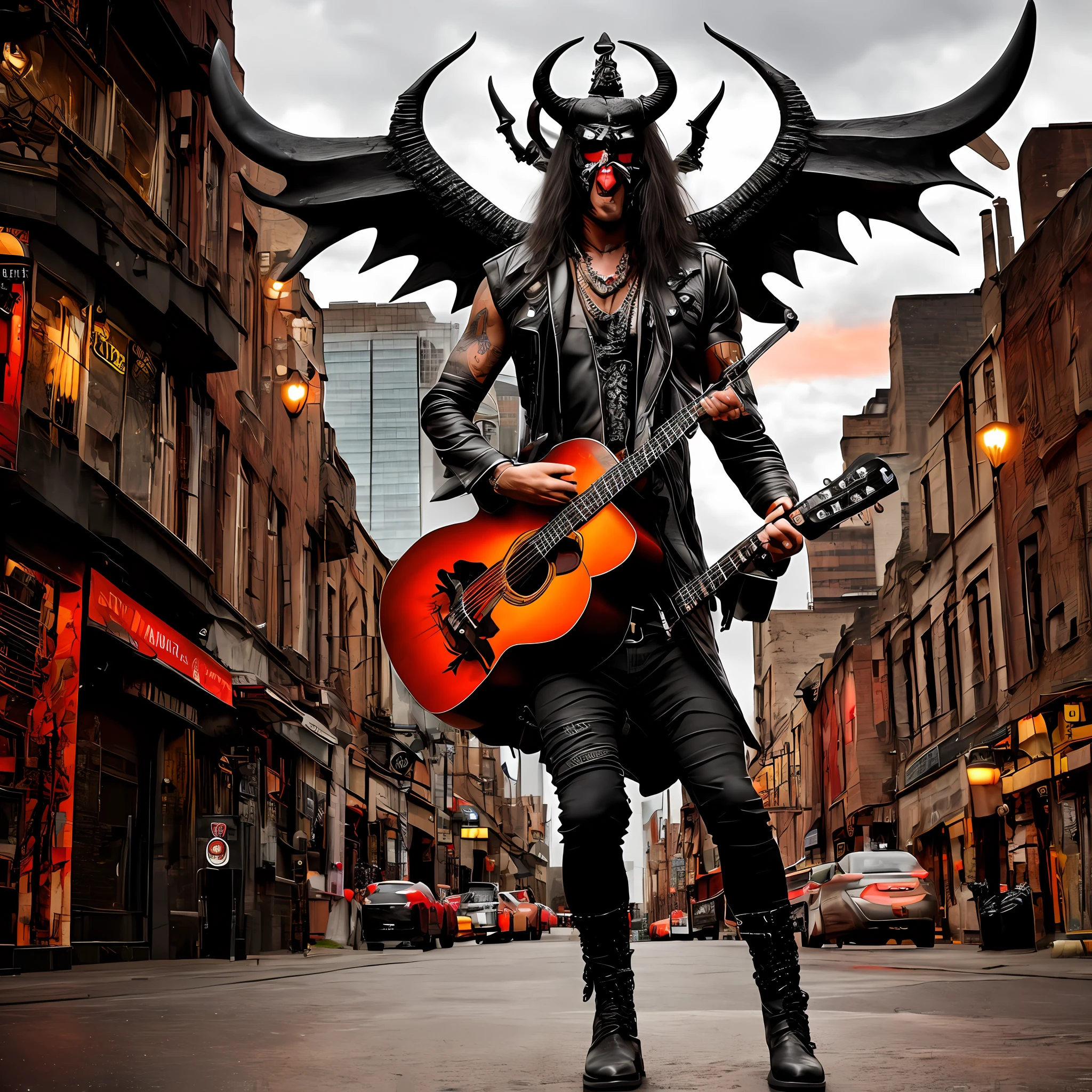 A realistic image of a demon with black horns, horror, on a street, and Baphomet, playing guitar, in the midst of a post-apocalyptic world