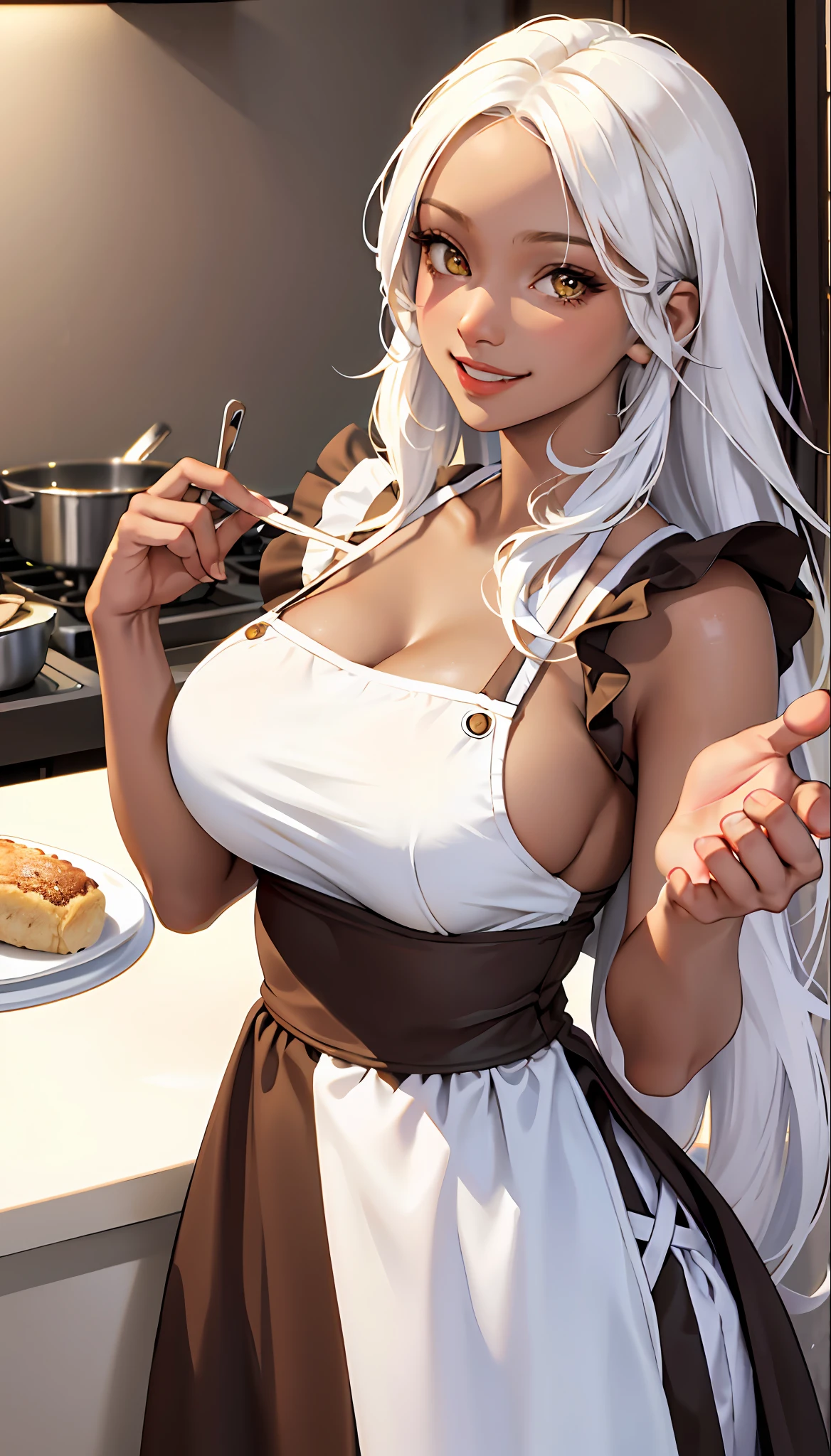 (masterpiece:1.2, best quality), (1lady, solo, upper body:1.2), clothing: apron Accessories: Hair Cards Hair: Long white hair Makeup: natural, glowing skin, brown skin Behavior: relaxed, carefree, free-spirited, smiling Location: kitchen, brown-yellow eyes, huge breasts,