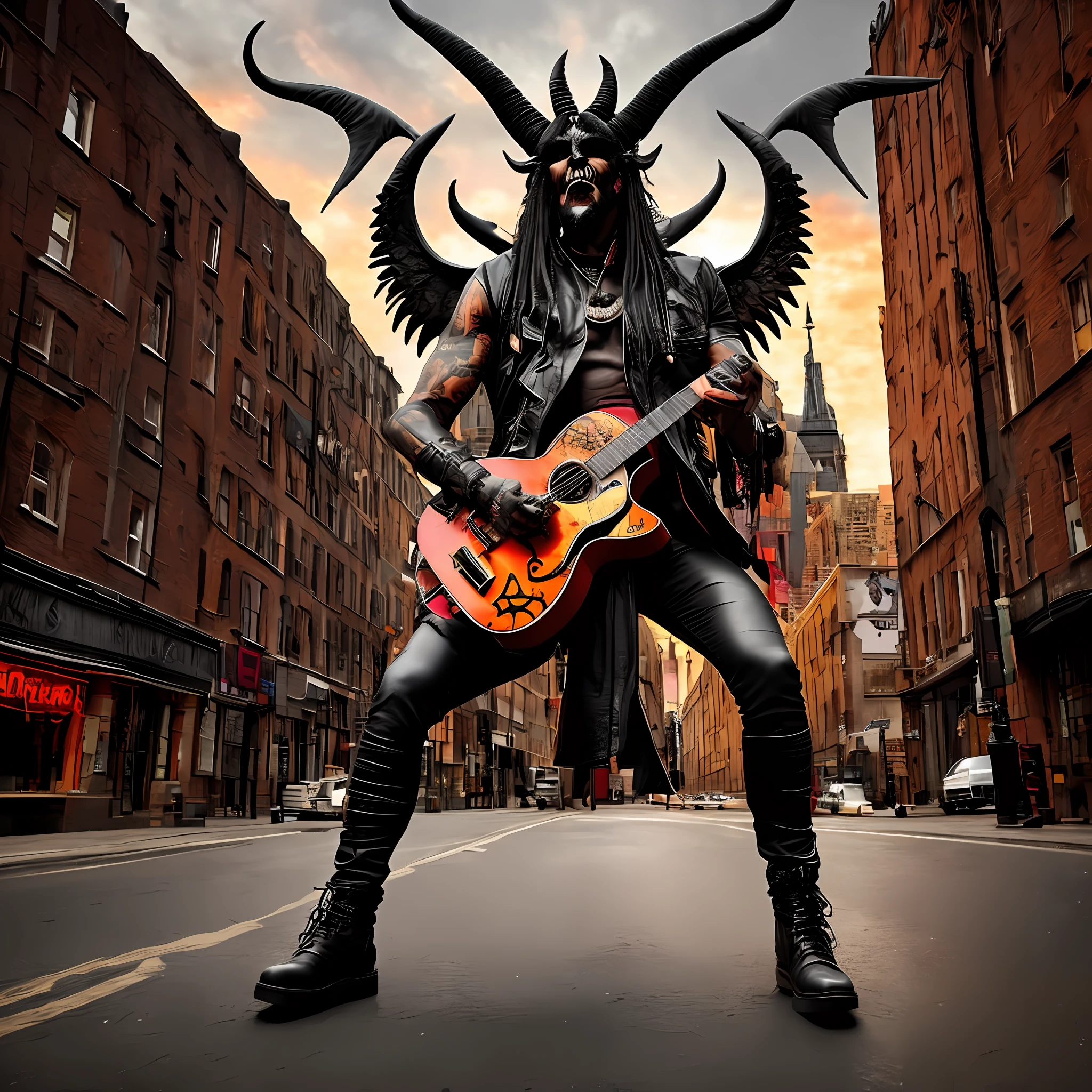A realistic image of a demon with black horns, horror, on a street, and Baphomet, playing guitar, in the midst of a post-apocalyptic world