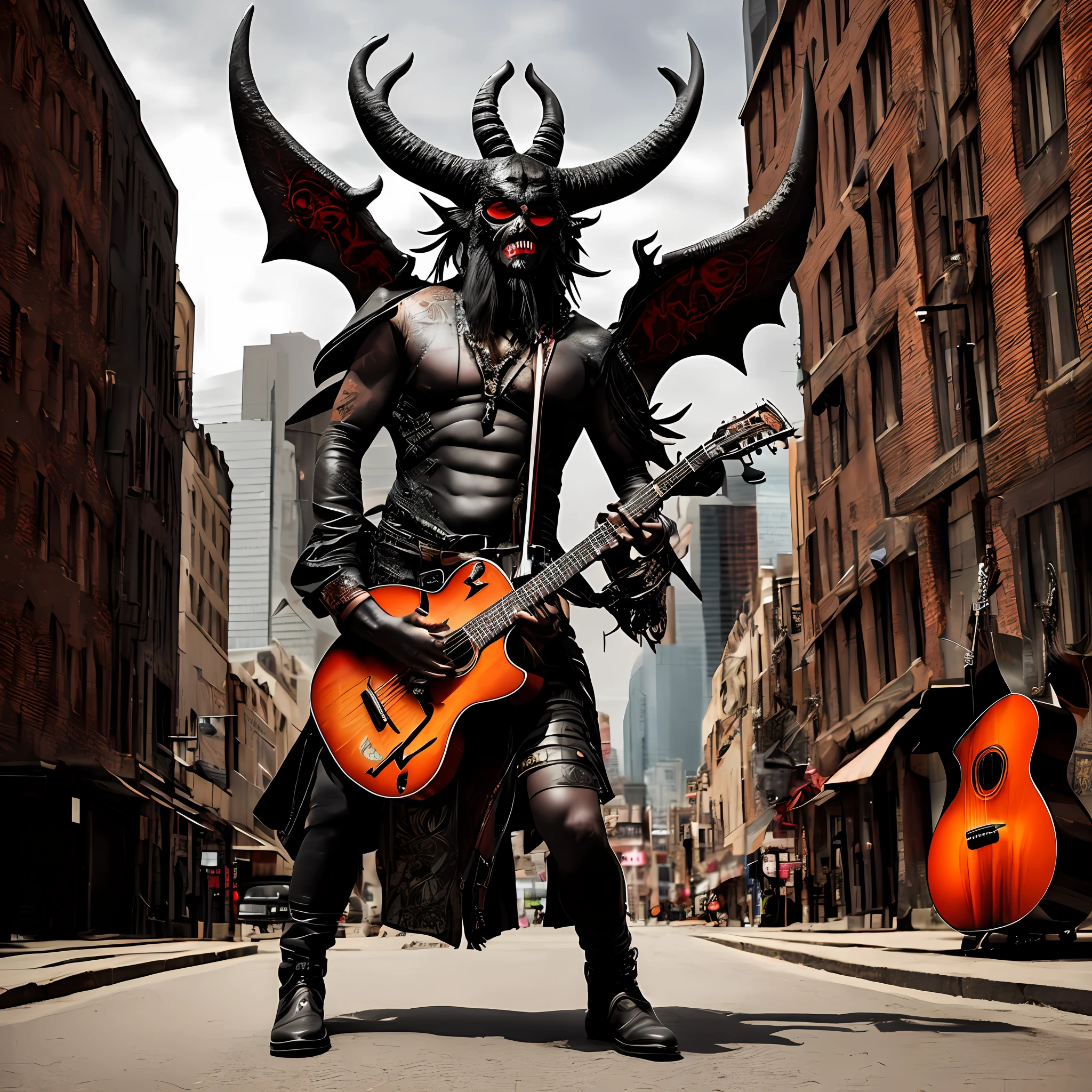 A realistic image of a demon with black horns, horror, on a street, and Baphomet, playing guitar, in the midst of a post-apocalyptic world