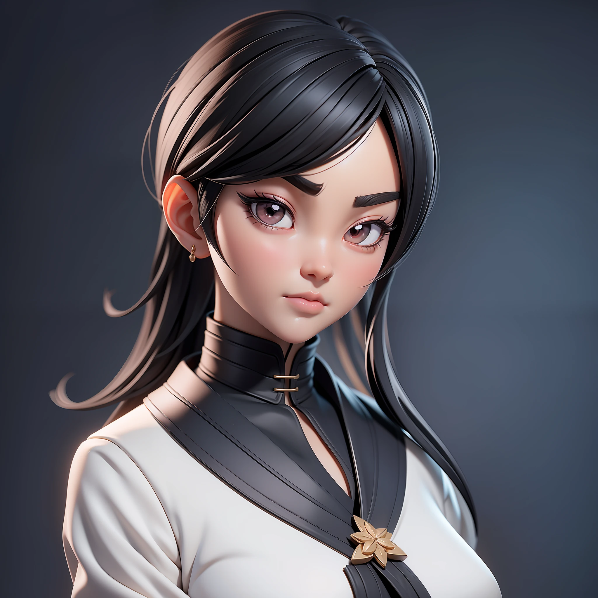 a close up of a doll with a black hair and a white shirt, anime styled 3d, 8k portrait render, render of a cute 3d anime girl, realistic anime 3 d style, 3 d render character art 8 k, close up character, smooth 3d cg render, closeup character portrait, smooth anime cg art, inspired by Li Mei-shu，牛仔镜头