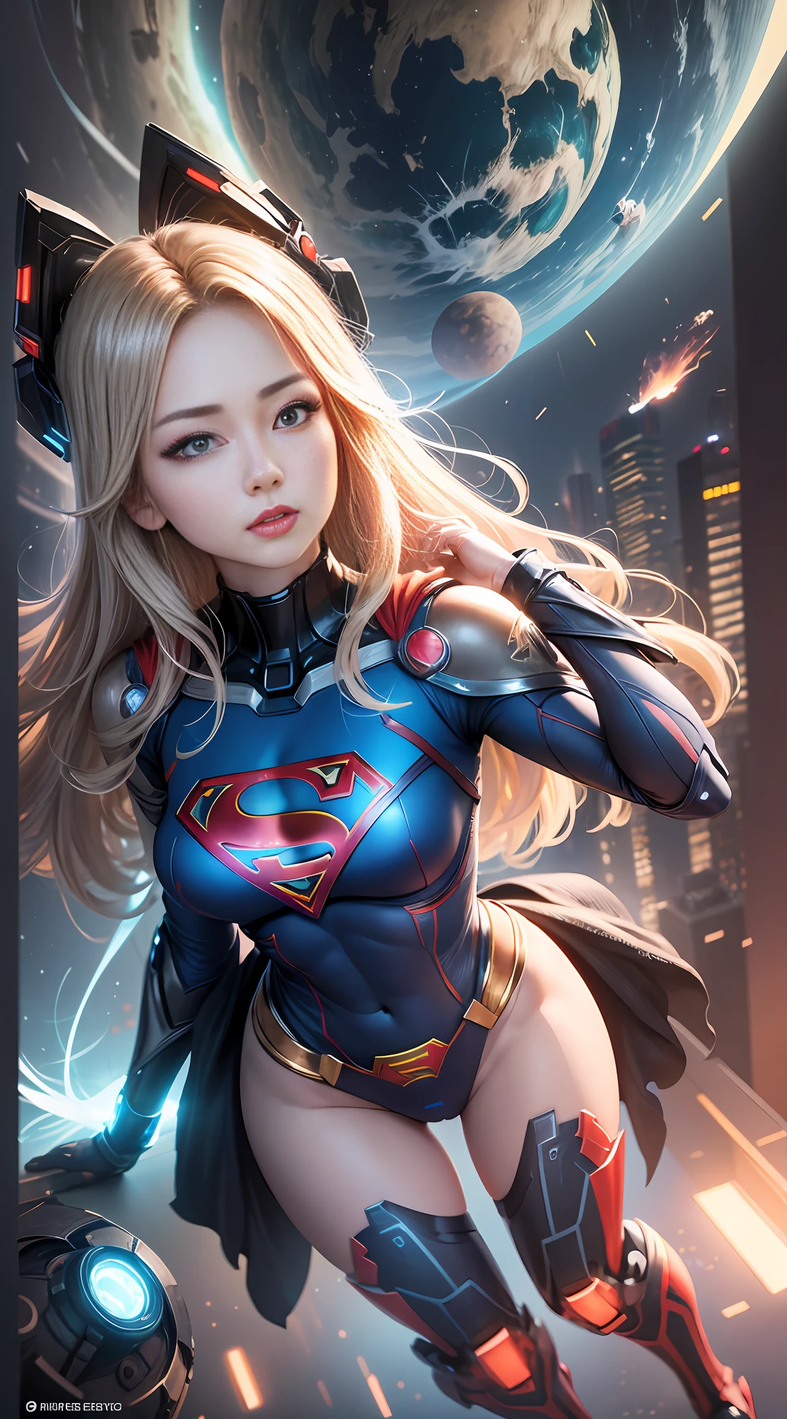 ((Best quality)), ((Supergirl's masterpiece)), (highly detailed:1.3), 3D, beautiful, (cyberpunk:1.2), in space, nebulous, holding_weapon, laser, (1Female Mecha:1.3), sexy body, facing the audience, bright blue eyes, full body, blonde, (flying, descending, dynamic, motion blur: 1.4), (huge wings of wicks: 1.6), looking up, glowing_eyes, mecha, panorama, background is earth,  nebula, space, particles, Reality, HDR (High Dynamic Range), Ray Tracing, NVIDIA RTX, Super Resolution, Unreal 5, Subsurface Scattering, PBR Textures, Post-Processing, Anisotropic Filtering, Depth of Field, Maximum Clarity and Clarity, Multilayer Textures, Albedo and Specular Maps, Surface Shading, Accurate Simulation of Light-Material Interaction, Perfect Proportions, Octane Render, Two-Tone Lighting, Large Aperture, Low ISO,  white balance, rule of thirds, 8K RAW, efficient sub-pixel, sub-pixel volume product, (best quality), (Japanese: 0.5), (Korean: 0.8), (Liu Yi Fei: 1.5) long hair, (big chest: 1.2) wearing superman's S on the chest. --auto --s2