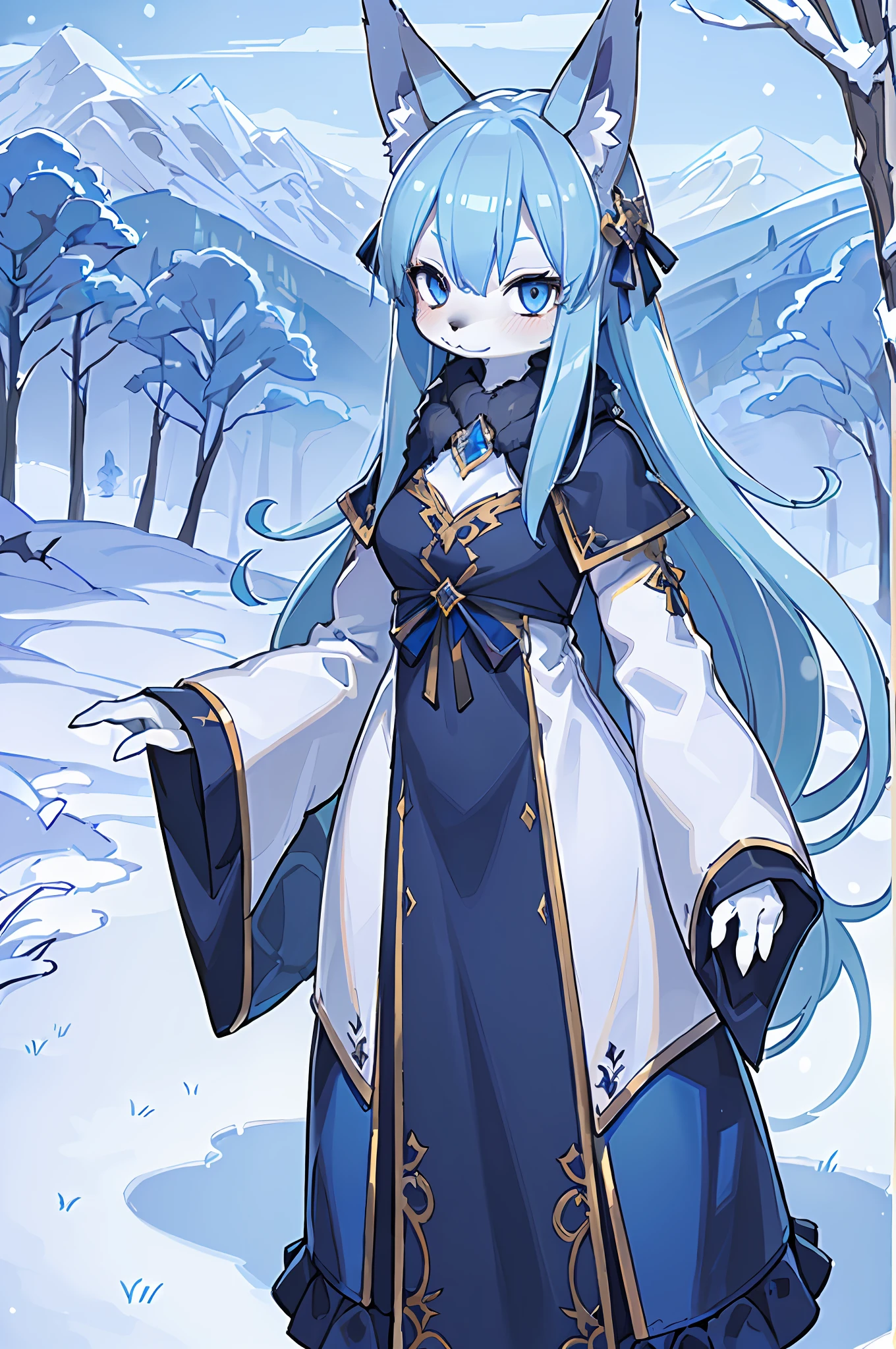 ((Masterpiece, Best Quality), blue eyes furry blue fox ears, nine blue tails, white body hair, super detailed illustration, HD texture, exquisite details, 1 girl, character wearing blue long-sleeved dress, long blue hair, blush, outdoor environment, in a snowy mountain, standing