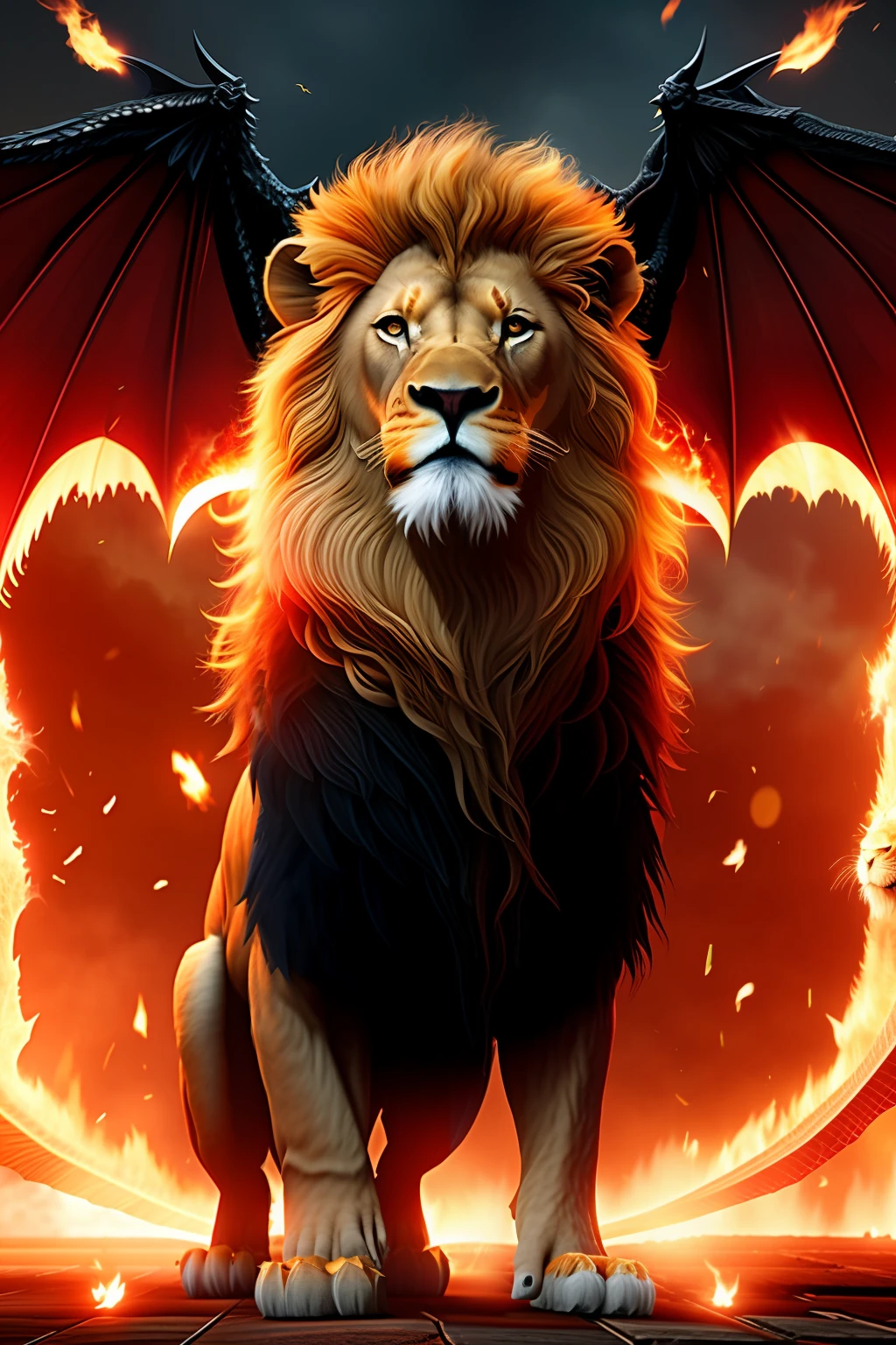 A gigantic lion with bat wings, breathing fire, 8K