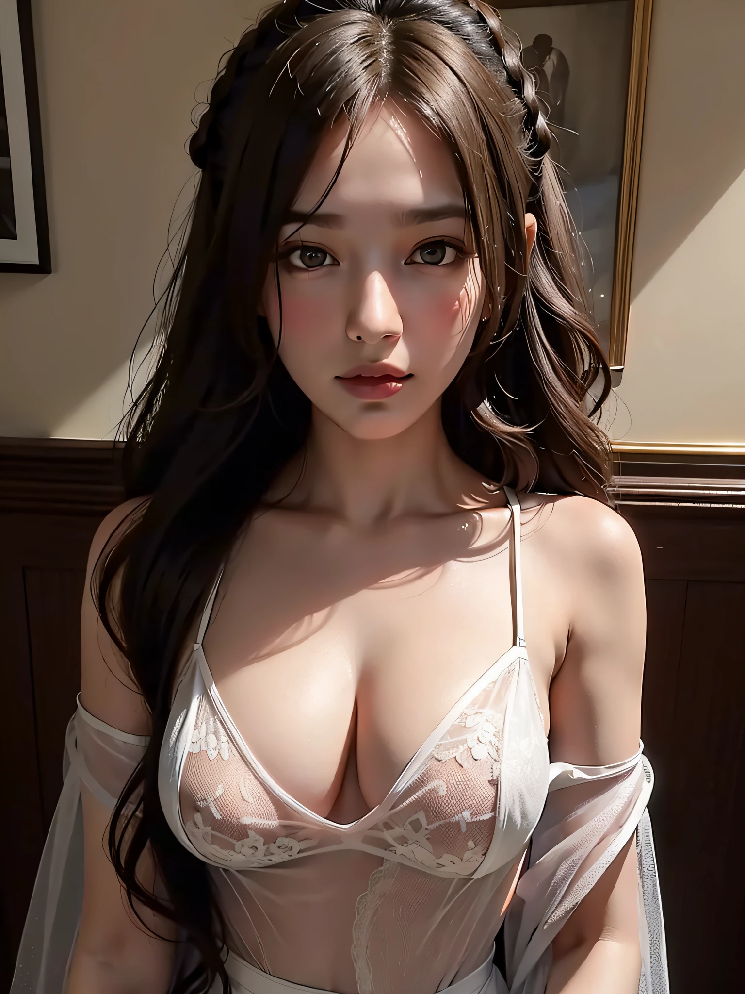 best Quality, Masterpiece, 8K, Ultra High Definition, (Photorealistic: 1.4), Raw Photo, 1 Girl, Half-Dressed, Sheer Clothes, Half Shoulders, Deep Shadows, Low Key, Cold Light, Long-Haired, Curly, Maid Clothes, Naughty Face