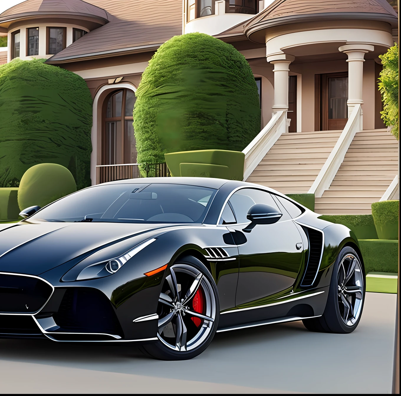 luxurious living, luxury cars, with a mansion in the background