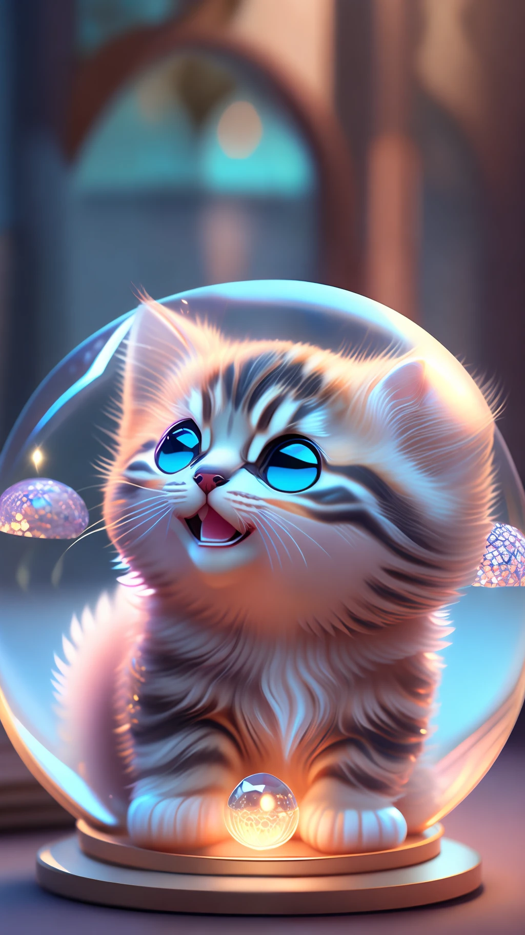 A cute kitten, made of a crystal ball, open mouth, laugh, Morandi color system, highly detailed complex concept art trend with low-poly eyes artstation 8k, laughing !!