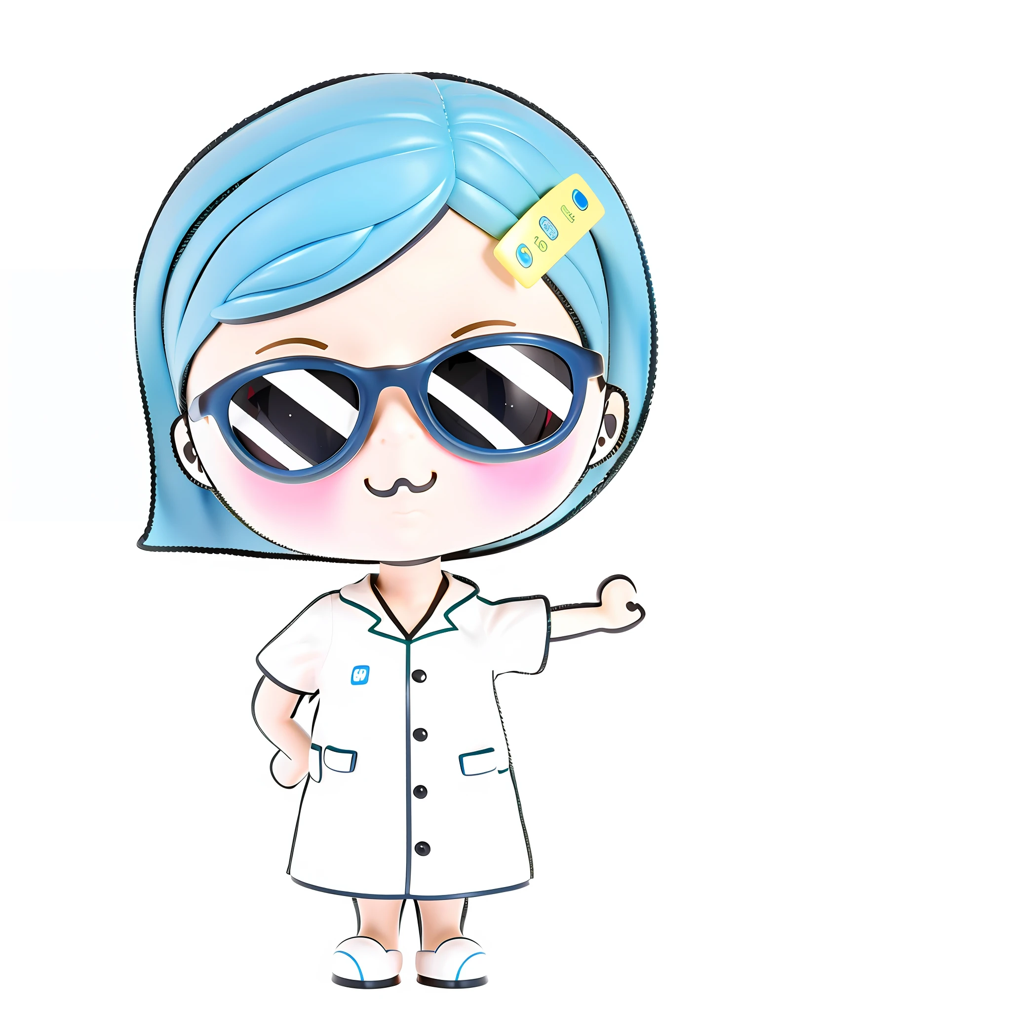 A girl, cute squinting smile,, blue eyes, with sunglasses, right hand Biye, left hand crossed waist, blue hair, short hair, no headdress, white doctor white coat clothes, (beautiful detail eyes), (beautiful detail face), (Clean background: 1.1), bright, background, Disney style, fine gloss, dreamy, cute, pop-mart lp, high detail, super high quality, bright colors, real model blind box toy, 3D rendering, oc rendering, c4d, best quality, 8k, bright, headlight, face shot, fine gloss, super detox, (full body: 1.3) --auto --s2