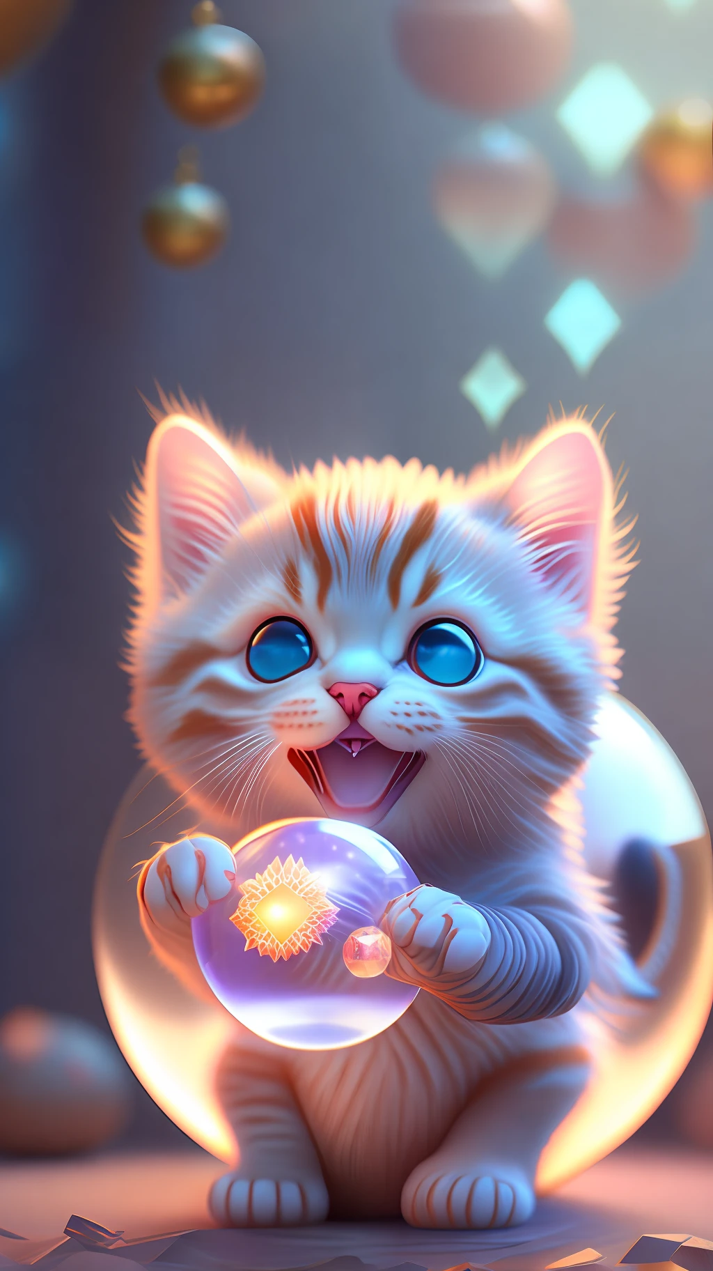 A cute kitten, made of a crystal ball, open mouth, laugh, Morandi color system, highly detailed complex concept art trend with low-poly eyes artstation 8k, laughing !!