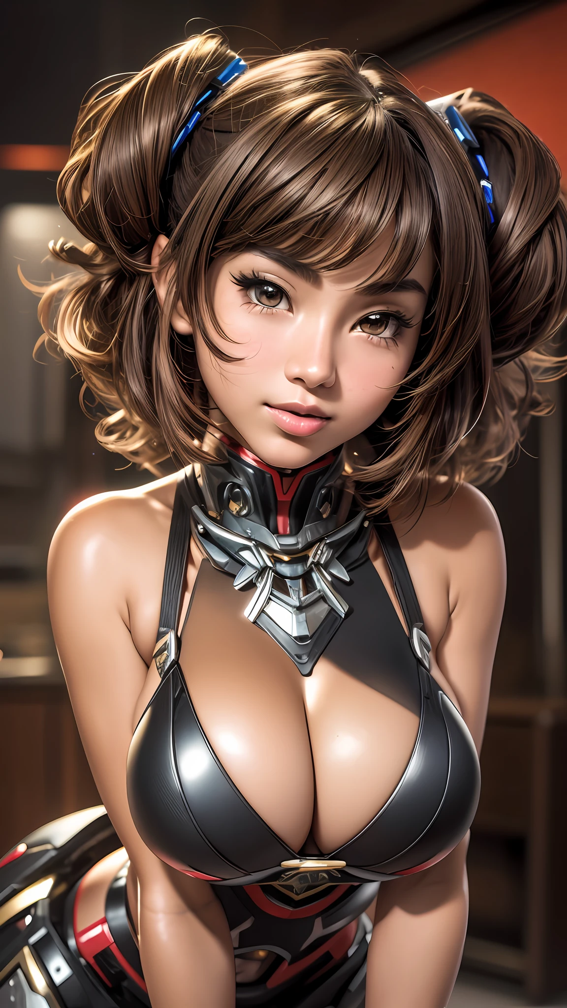 Best Works, High Quality, High Resolution, High Texture, 8k, High Dynamic Range, 1 Shot, Beautiful 18 year old female Pacific Islander with layered haircut, brown hair, disheveled black hair, detailed skin, fine skin, big breasts, ((cleavage:1.0)), sparkling eyes, blushing cheeks, bright red lips, shiny lips, dark eyeliner, 3/4 long shot, 24mm shot, sexy poses, seductive poses, erotic poses, mecha musume, mechanical parts, robot joints