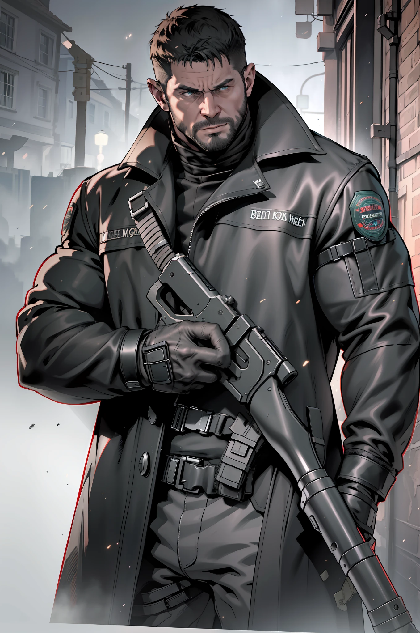 Dark gothic village in the background, old Chris Redfield from Resident Evil 8, big black coat, black long sleeves, bearded, holding a rifle, video games style, high resolution, best quality, ultra detailed face, dark nightime, soft lighting, upper body shot