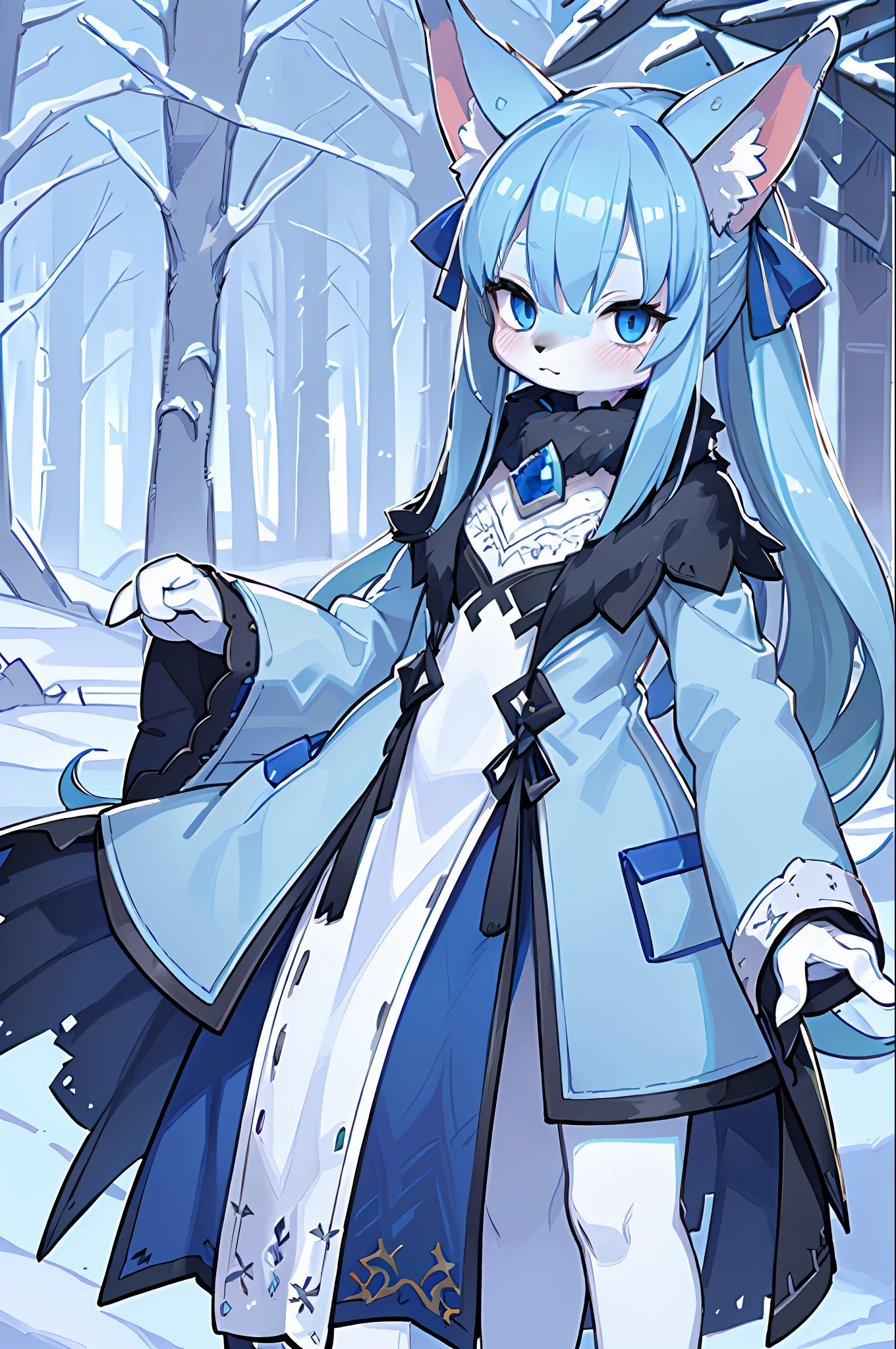 ((Masterpiece, Best Quality), blue eyes furry blue fox ears, nine blue tails, white body hair, super detailed illustration, HD texture, exquisite details, 1 girl, character wearing blue long-sleeved dress, long blue hair, blush, outdoor environment, in a snowy mountain, standing