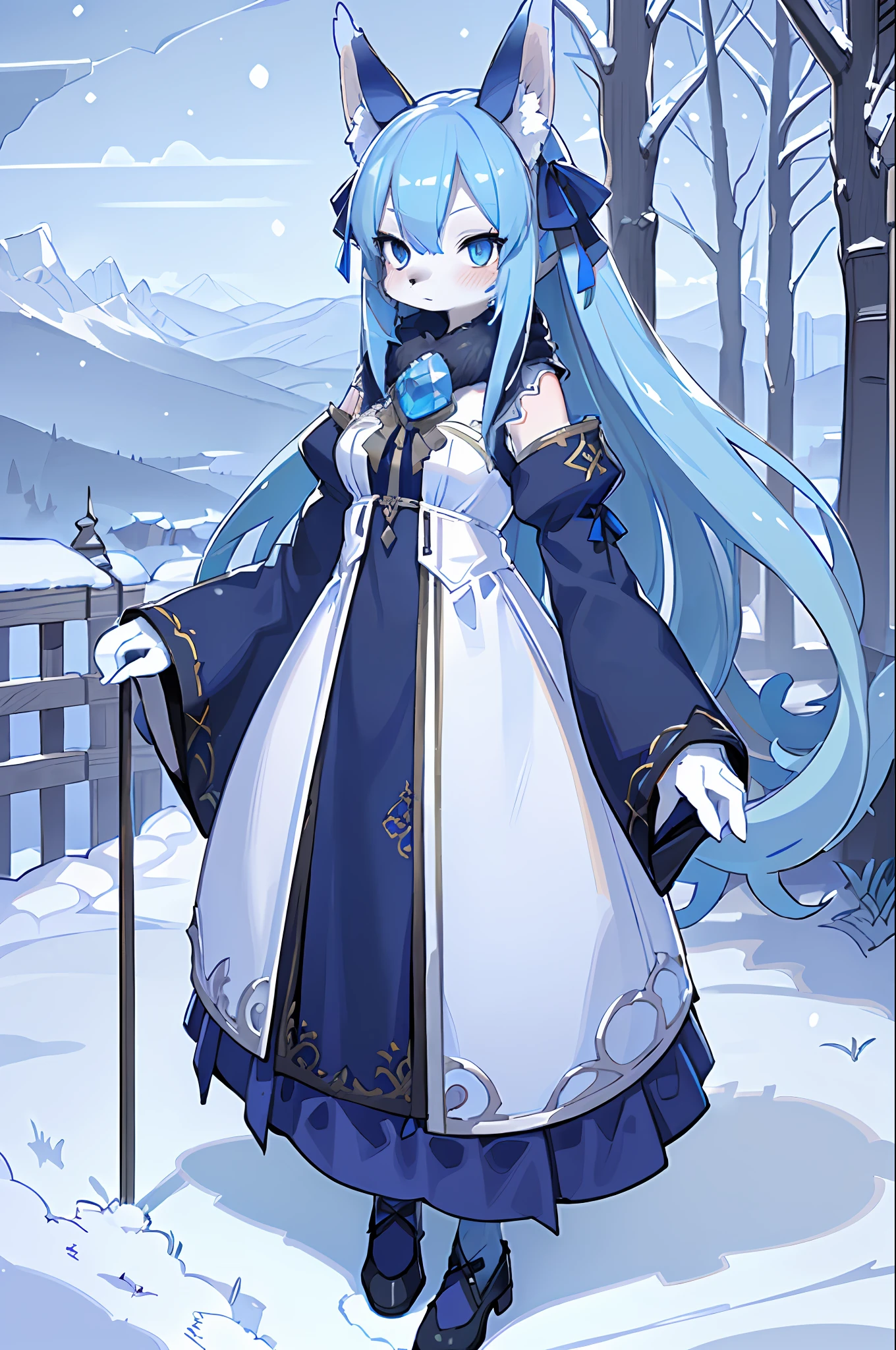 ((Masterpiece, Best Quality), blue eyes furry blue fox ears, nine blue tails, white body hair, super detailed illustration, HD texture, exquisite details, 1 girl, character wearing blue long-sleeved dress, long blue hair, blush, outdoor environment, in a snowy mountain, standing