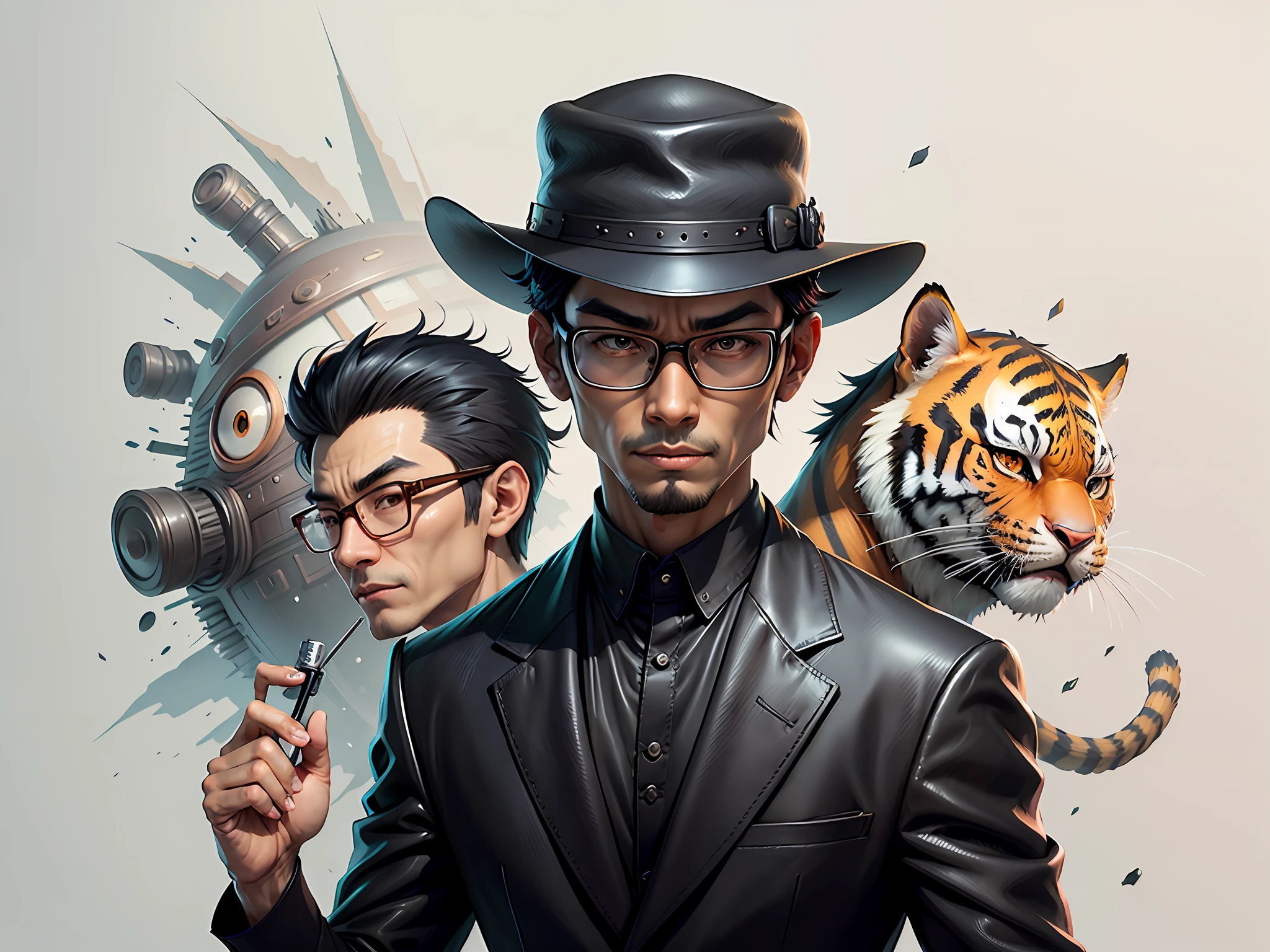 Young man with oriental face in leather hat, tiger, oriental face in formal suit, short black hair, silver glasses, digital painting, 3D character design by Mark Clairedon and Pixar and Hayao Miyazaki and Akira Toriyama, the illustration is a high-definition illustration in 4K resolution with very detailed facial features and cartoon-style visuals.