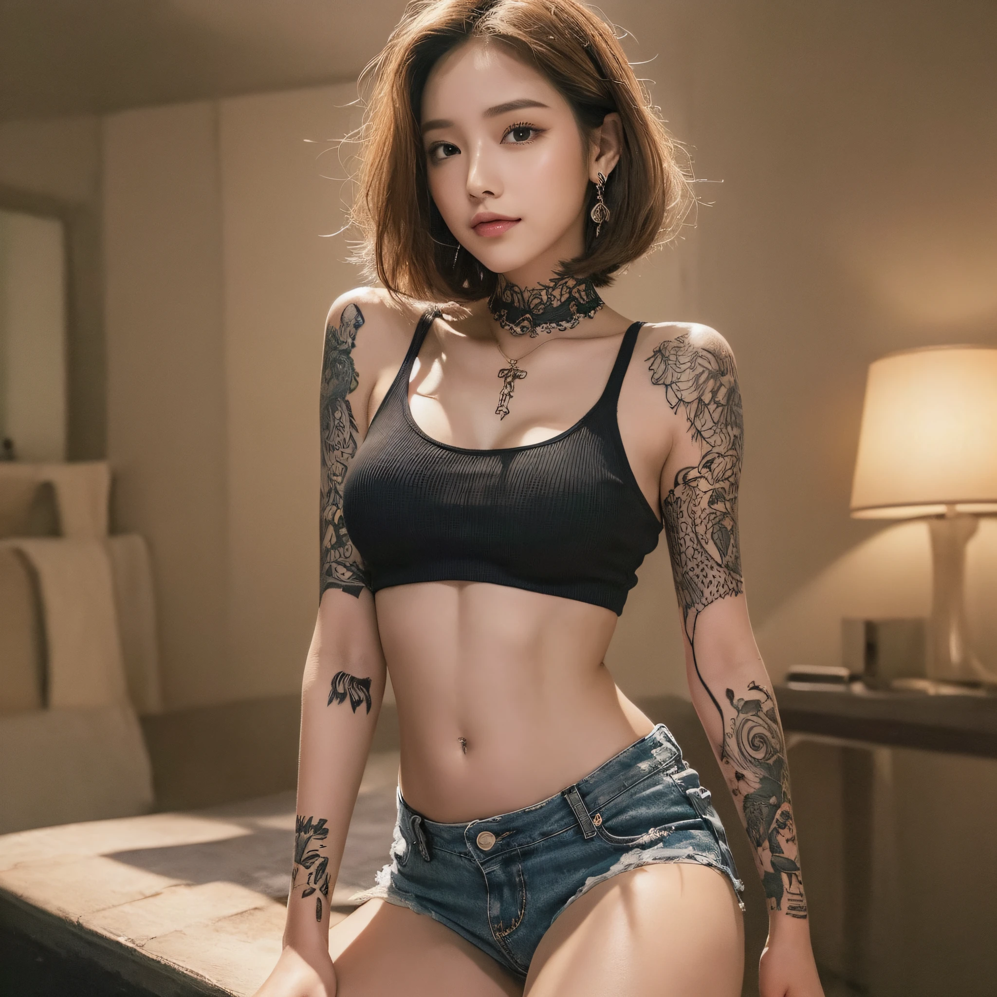 (Night, soft lighting, top quality, 8k, masterpiece, raw photo: 1.3), woman with dragon tattoo on arm and top, young girl with dragon tattoo, ink, tattooed body, tank top and shorts streetwear, semi-undressed, semi-nude, disheveled clothing, tattooed, wearing sexy cropped top, Sexy girl in torn shorts, toned waist, beautiful midriff, ever small midriff, super detailed, intricate details, very detailed face and skin tone, lower breasts, slim body, detailed eyes, realistic, makeup, intellectual, bewitching, beautiful standing figure, small breasts, indoors, invincible smile, slender eyes, narrow eyes, symmetrical eyes, disheveled hair, short hair, bob cut, Earrings, full body