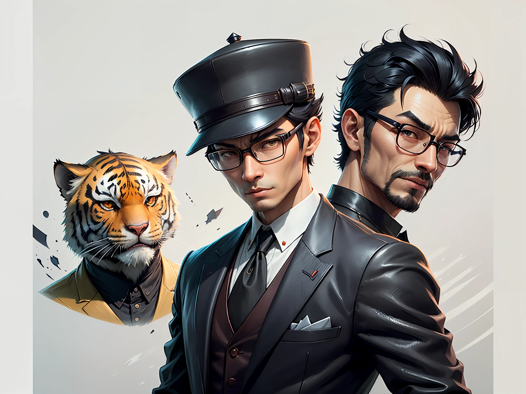 Young man with oriental face in leather hat, tiger, oriental face in formal suit, short black hair, silver glasses, digital painting, 3D character design by Mark Clairedon and Pixar and Hayao Miyazaki and Akira Toriyama, the illustration is a high-definition illustration in 4K resolution with very detailed facial features and cartoon-style visuals.