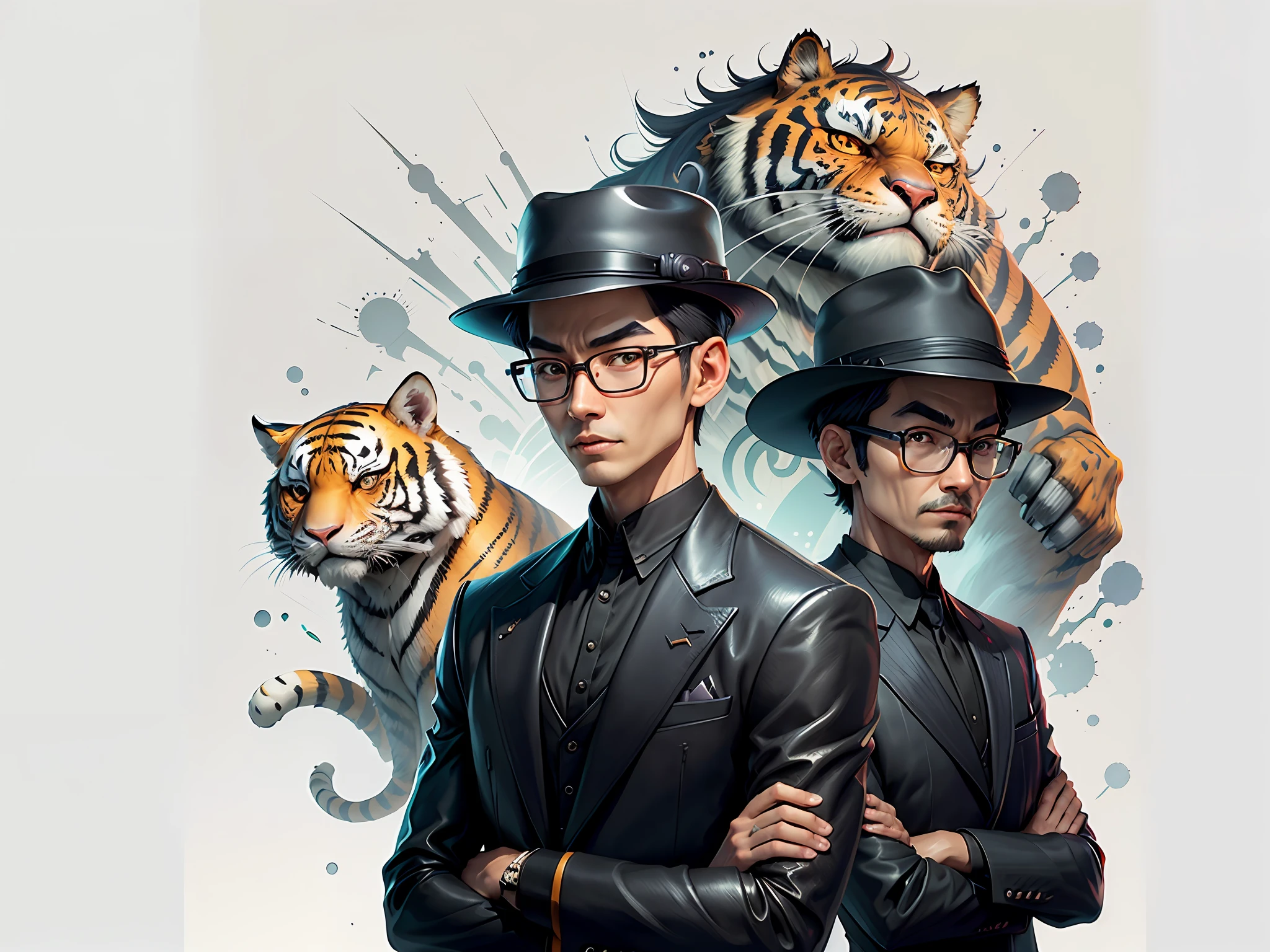 Young man with oriental face in leather hat, tiger, oriental face in formal suit, short black hair, silver glasses, digital painting, 3D character design by Mark Clairedon and Pixar and Hayao Miyazaki and Akira Toriyama, the illustration is a high-definition illustration in 4K resolution with very detailed facial features and cartoon-style visuals.