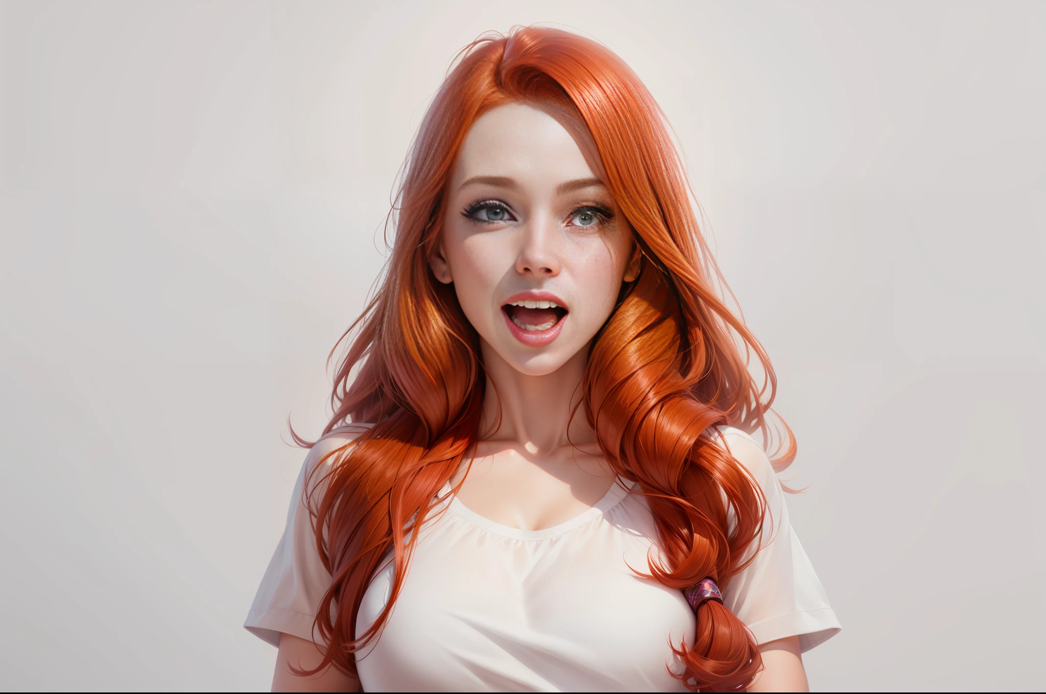 Beautiful young, wow, wow reaction, surprise, surprise, redhead, cheerful, joy, good surprise, girl, photorealism, photorealistic, ultra hd, 4k, detailed textures