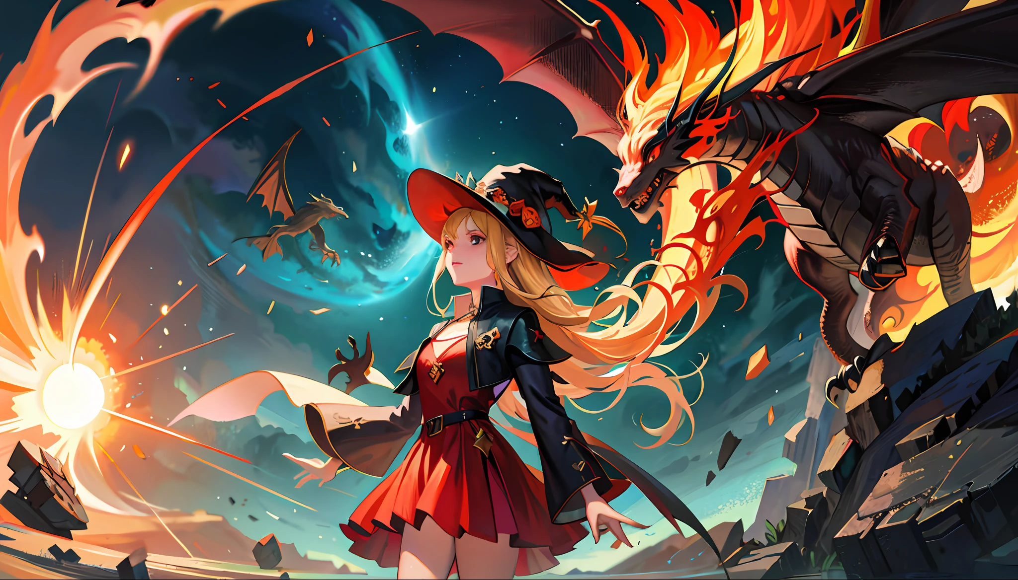 masterpiece,dragon,breathingfire,1girl,cowboyshot,[[[fullbody]]],lookingside,magestaff,magic,leatherarmoreddress,witchhat,explosion,lightning,wind,jewelry,dungeon,hell,