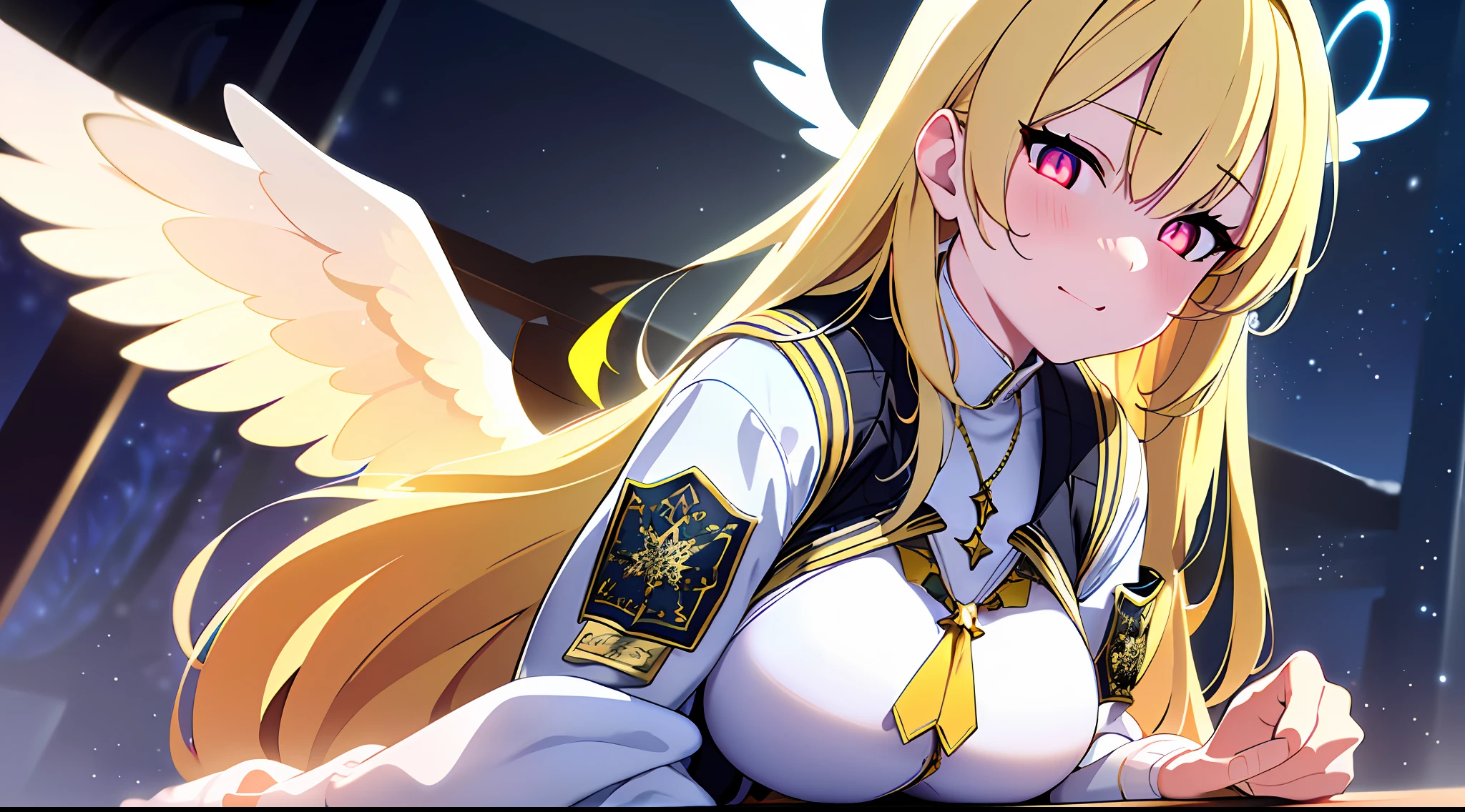 (sunaookami shiroko:1.2), {{{{masterpiece, extremely detailed, intricate details, soft focus, 8K, highres, depth of field, absurdres, high quality facial shadowing, dynamic shadowing, extreme shaders, cinematic lighting, perfect lighting, soft lighting, hazy lighting, blurry foreground, lens flare}}}}, best quality, asian qualities, {front view}, (solo:1.2), (beautiful young girl:1.3), high school girl, {{{extremely detailed girl, perfect anatomy, perfect body}}}, (detailed neon angel halo:1.4), bright yellow double halo, (beautiful-detailed hair:1.3), (yellow-blond hair:1.3), long luscious hair, (multi-layered hair:1.5), (hair splayed out:1.2), beautiful-detailed facial structure, detailed beautiful face:1.3, sexy face, cute face, slender facial structure, (detailed face:1.33), big eyes, (detailed glowing eyes:1.4), glowing bright yellow eyes, (detailed facial expression:1.1), shy, slightly open mouth, detailed-slight red blush, (detailed large angel wings:1.4), beautiful-detailed large white glowing angel wings, (detailed boobs:1.3), small size boobs, (slim waist:1.1), (slim legs:1.1), standing up, (detailed necklace:1.2), (glowing yellow simple plain necklace:1.3), (winter school uniform:1.3), (detailed pure white winter school jacket:1.5), (detailed pure white checkered winter school skirt:1.5), (detailed pure white socks:1.5), (detailed black school shoes:1.3), winter night, (enhanced background:1.4), snow falling at midnight with clear skies overhead with a waterfall in the background, snow on sidewalks with Christmas lights on tree's surrounded the viewer, (full body shot:1.1), hazy photo, (warm photo:1.3)