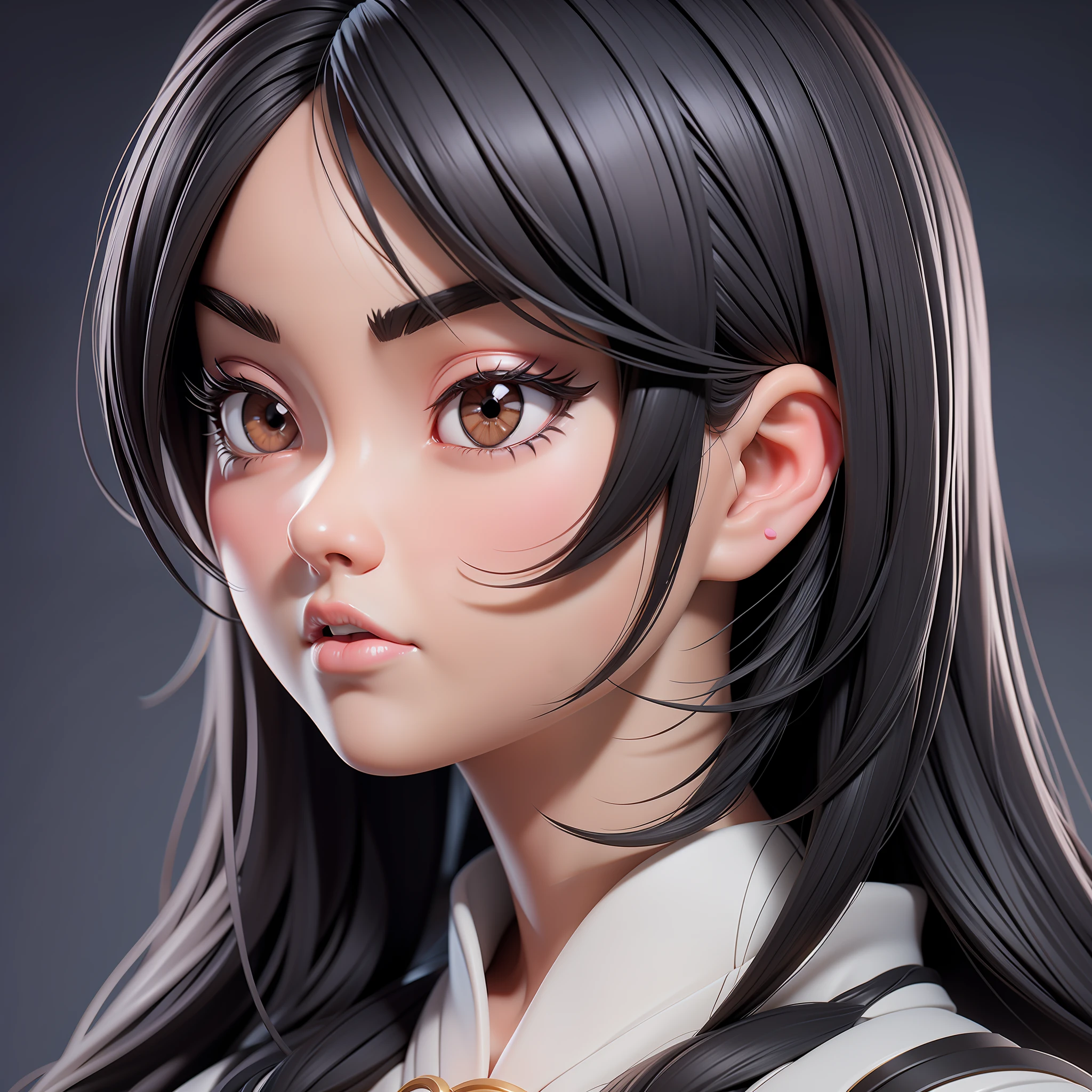 a close up of a doll with a black hair and a white shirt, anime styled 3d, 8k portrait render, render of a cute 3d anime girl, realistic anime 3 d style, 3 d render character art 8 k, close up character, smooth 3d cg render, closeup character portrait, smooth anime cg art, inspired by Li Mei-shu,牛仔镜头
