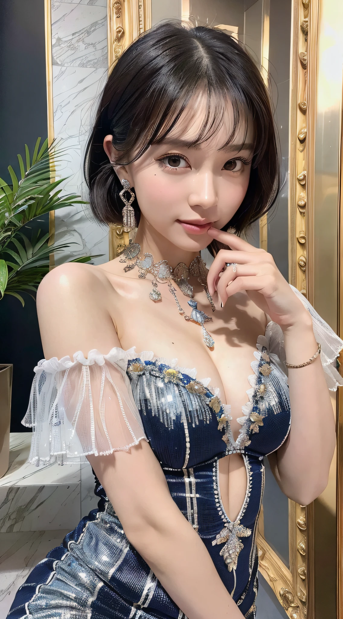 (8k, RAW photos, top quality, masterpiece: 1.2), ultra detail, super resolution, (real, real photos: 1.37), portraits, high definition RAW color photos, solo, professional photos, very detailed and beautiful, highly detailed, 8k wallpapers, amazing details, huge file size, official art, highly detailed CG Unity 8k wallpapers, highly detailed beautiful girls, Highly detailed face, very detailed eyes, very detailed skin, very detailed fingers, very detailed nose, very detailed detailed mouth, perfect anatomy, detailed background, (blue color luxury dress, full dress, no bra, Academy Awards, red carpet), detailed clothes, one girl, (20:1.2), 20s, cute girl, realistic body, petite, white skin, radiant skin, slim body, Handsome Body, Black Hair, Short Hair, (Dull Bangs: 1.2), Smile, Cute, Youthful, Cute Face, Realistic Face, Delicate Eyes, Sagging Eyes, Earrings, Camera Gaze, Front Look, Standing Posture, Contrapposto, Dynamic Lighting, Super Big