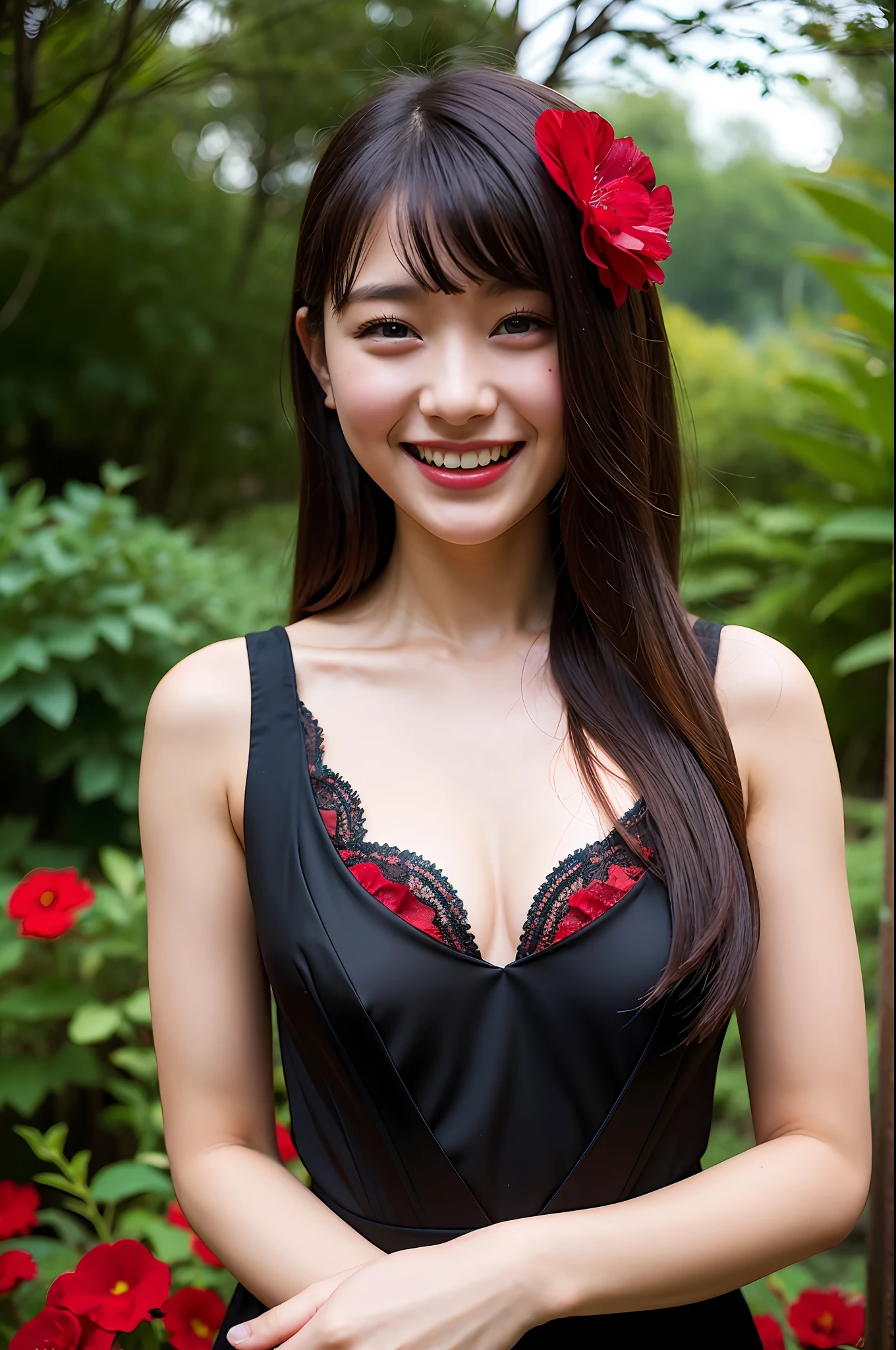 Laughing look, dark theme, (top quality, masterpiece: 1.2), 18 year old girl in the garden, black cleavage dress, (red flower mess in the background: 1.3)