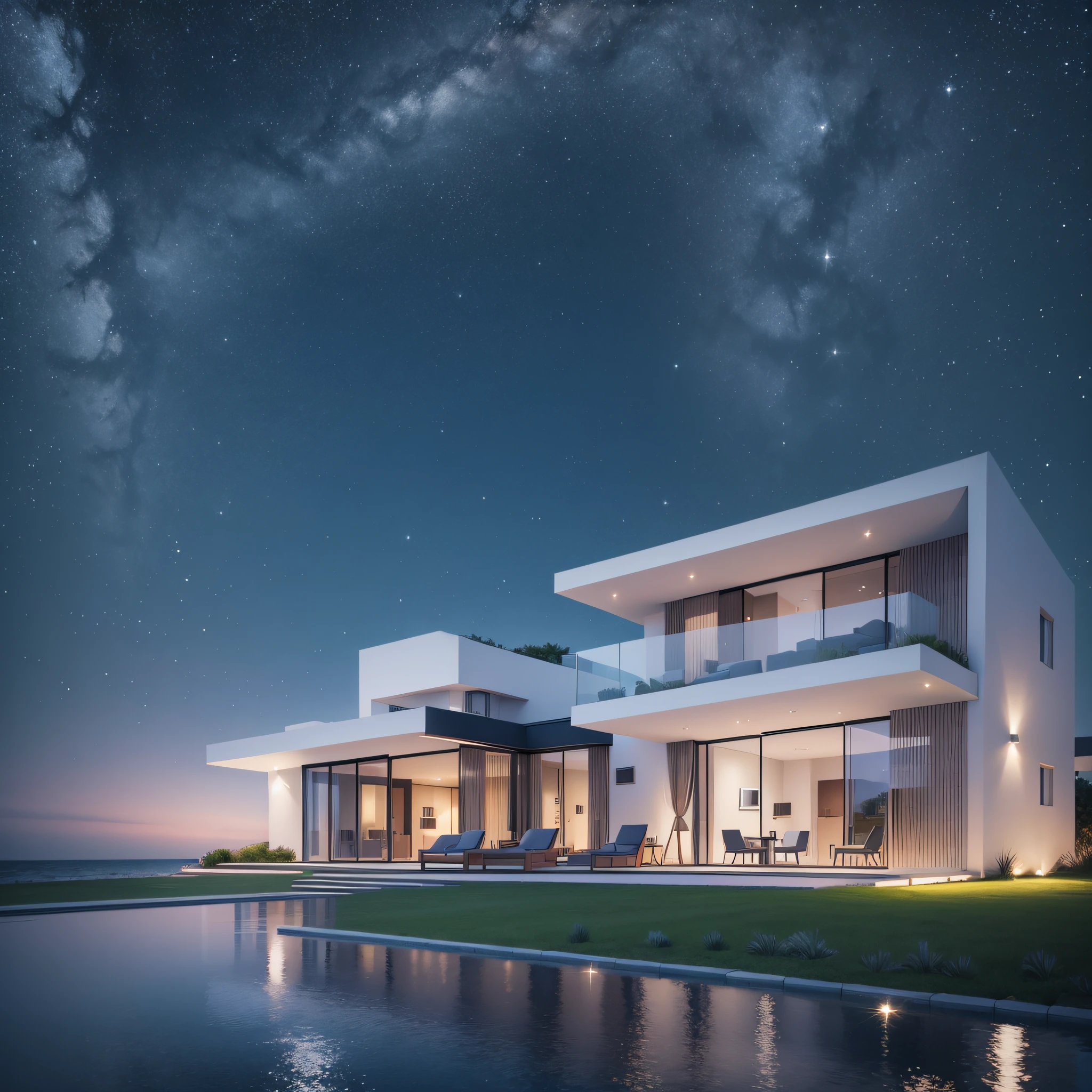 Modern simple villa, large floor-to-ceiling windows, starry night sky, coast, beach, HD, hyper-realistic --auto --s2