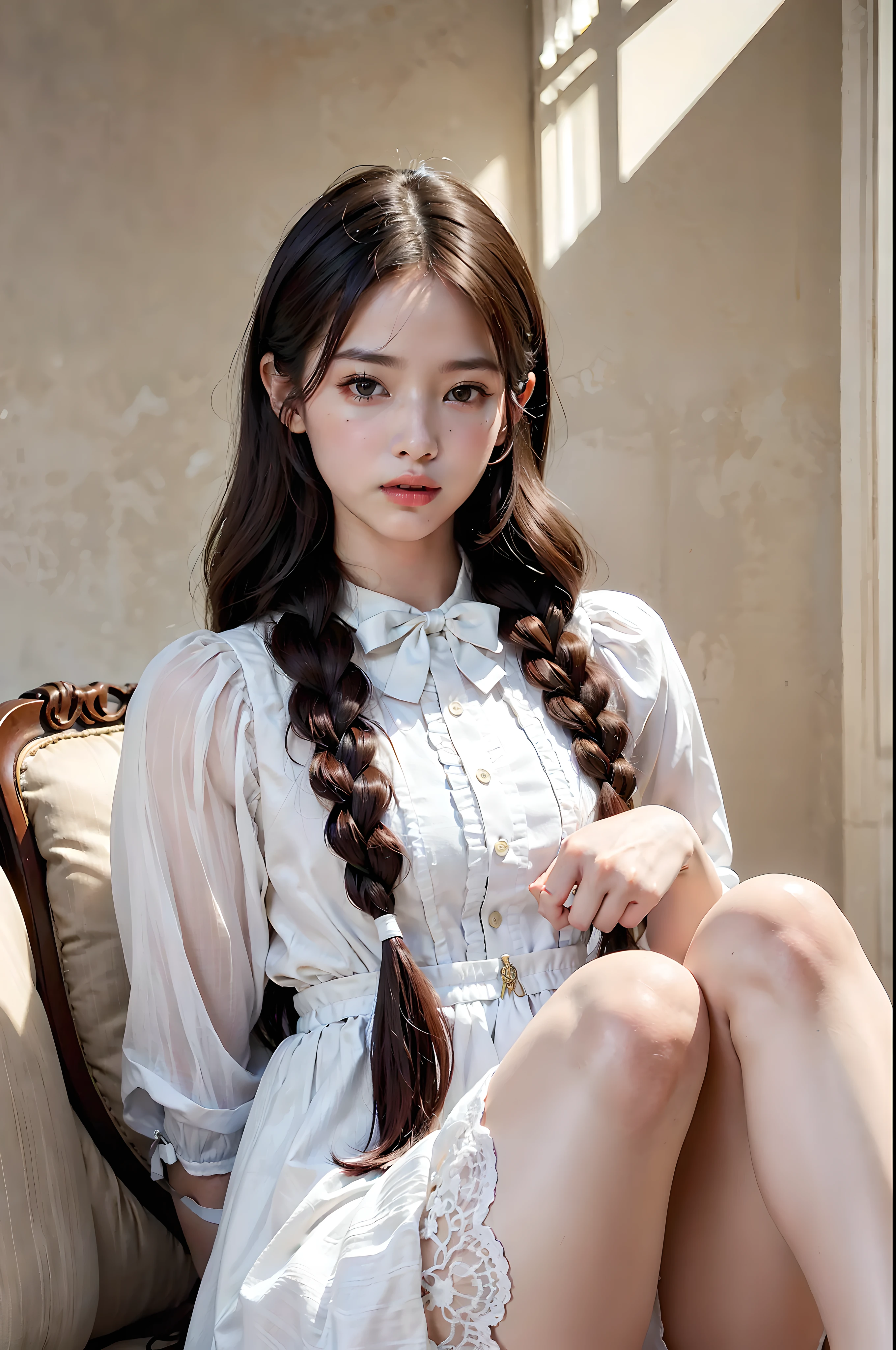 High Quality, Masterpiece, Highly Detailed, High Resolution, 4K, Ultra High Definition, Detailed Shadows, Ultra Realistic, Dramatic Lighting, 1girl, Solo, Detailed Face, Realistic Eyes, Realistic Skin, Dynamic Hair, Dynamic Pose, Dynamic Angle, White Flower Dress, White Background, ulzzang-6500-v1.1, (raw Photo:1.2), ( photorealistic:1.4), beautiful detailed girl, very detailed eyes and face, beautiful detailed eyes, ridiculous, incredibly ridiculous, huge file size, super detailed, high resolution, very detailed, best quality,
(Bright indoor), (soft light), (low contrast), (shallow depth of field), (portrait of a beautiful woman illuminated by gentle light), (extremely delicate and elegant depiction), (short length bangs), (hair color is a dark chestnut shade with a slight brown tone), (hair with a subtle and gentle wave), (small braids intricately woven on the side of long hair), (adorned with a thin ribbon), ( white blouse with small frills), (bow tie), (blue long skirt), (white short ankle socks), illustration, very detailed, CG, unified, 8k wallpaper, amazing, fine detail, best quality, Very detailed CG unified 8k wallpaper, face light, movie lighting, 1girl, , ((no panties)), ((dynamic pose))), (camel toe), (half), (bent knees and legs sitting))