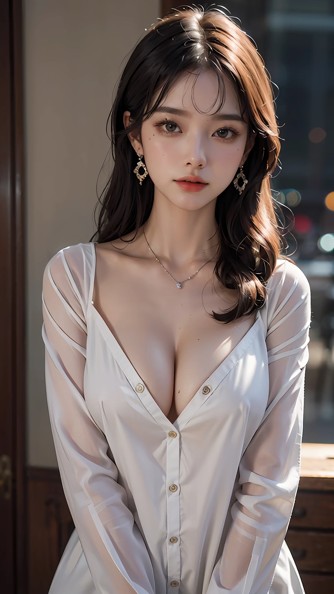 Wearing only one long shirt, (all buttons open: 1.1), big breasts, deep cleavage, best quality, masterpiece, illustration, very delicate and beautiful, very detailed, CG, unity, 8K wallpapers, amazing, fine detail, very detailed CG Unity 8K wallpapers, huge file size, very detailed, high resolution, handsome detail woman, very detailed eyes and face, wonderful detailed eyes, light on face, (Best Illustration: 1.1), (Best Shadow: 1.1), Ultra High Resolution, (Photoreal: 1.1), (Photo Realistic: 1.2:1.1), Realistic Face Proportions, Slender, Smile, (Makeup: 0.4), (Fluffy Black Eyes: 1.21), Black Eyes, Looking at the Viewer, Dark Brown Hair, Earrings, Necklaces, Hairpins, Cowboy Shots, (Irregular Irregular Skin Imperfections, Veins, Skin Wrinkles Pores: 1.2), (Dark Night Background: 1.2), (Bokeh: 1.4),