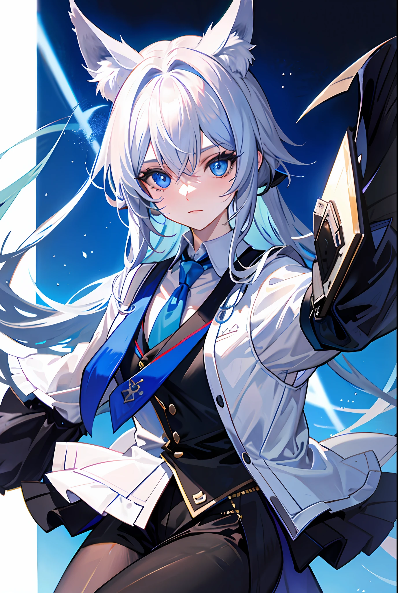 wolf head,non human,blue eyes,wear a vest,