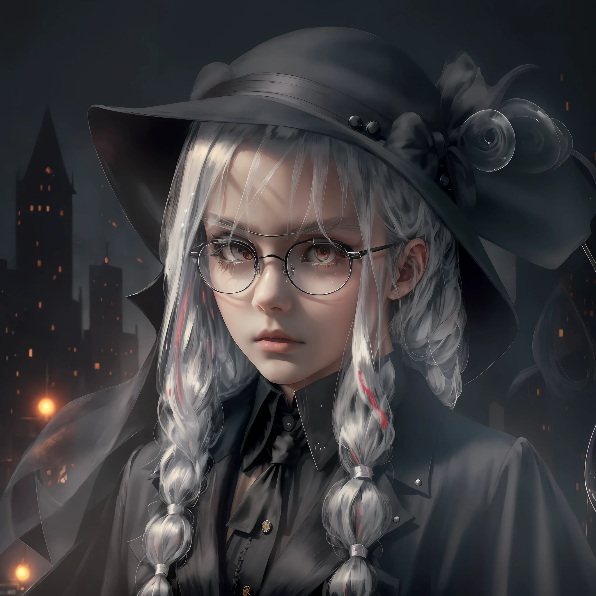 Young girl, black overcoat, lollipop in mouth, stylish round black glasses, suit and tie underneath, long white hair, anime girl, semi relist, detailed, ghost town background, zombie background, hire strong. --auto --s2