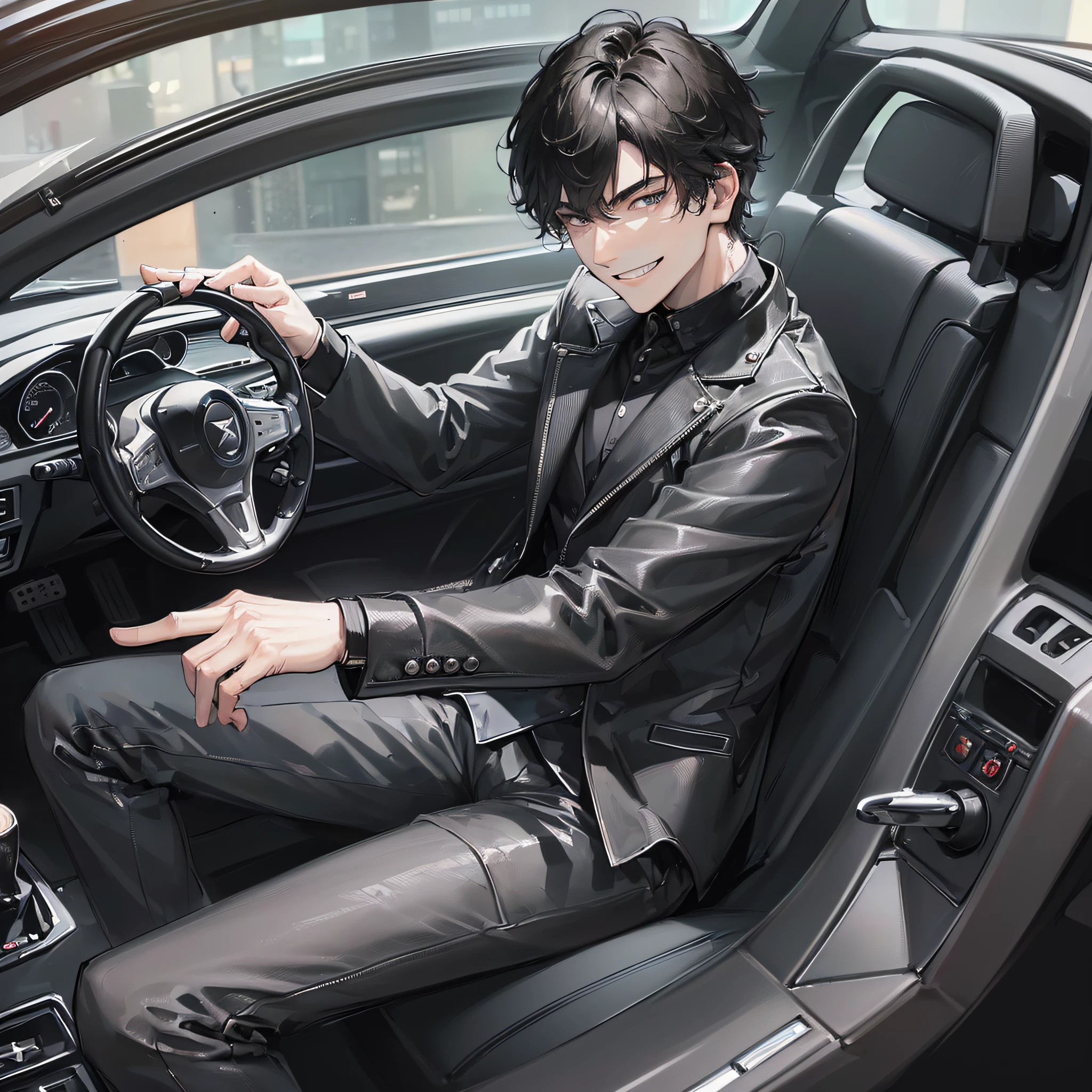 (A 20-year-old boy wearing a black suit and short black hair; 1.5)
(Sitting in a silver sports car, 1.6)
(Steering wheel, 1.7)
(With a smug smile; 1.5)