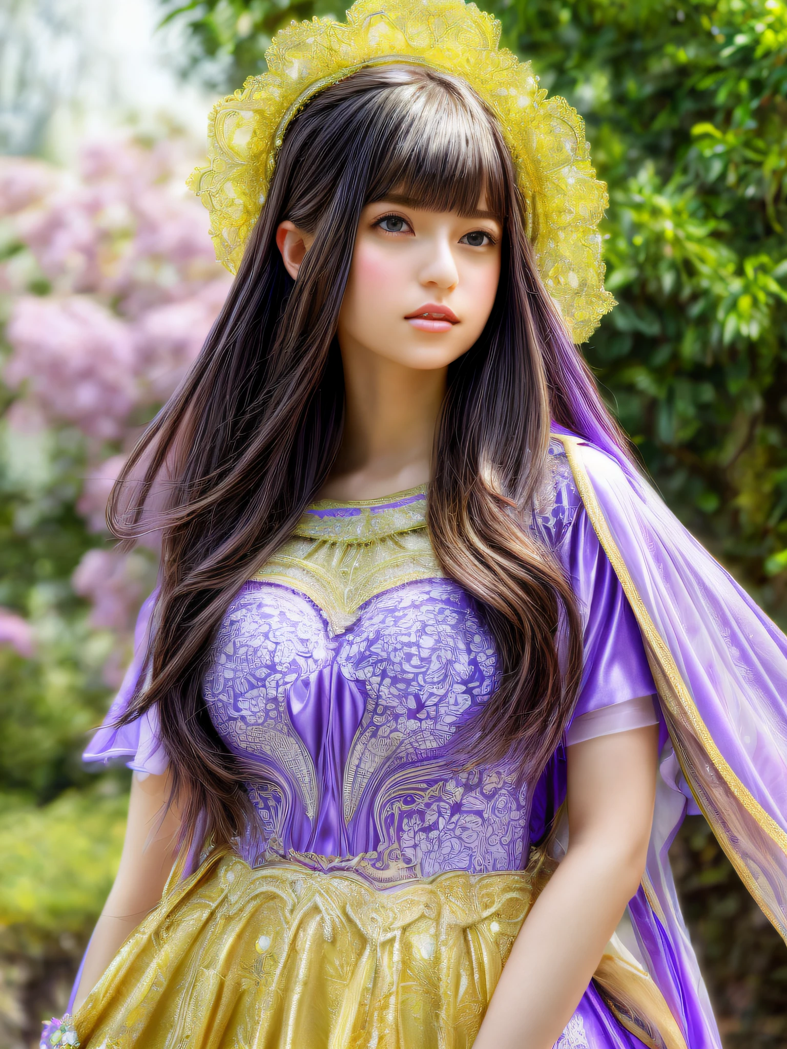(Masterpiece - Ultra-Detailed, High-Res) Prepare to be enchanted by a true masterpiece that combines ultra-detailed artistry with high-resolution rendering. This artwork showcases a mesmerizing girl with long lilac hair (1.3) and captivating yellow eyes (1.2), emanating an aura of elegance and mystery. The intricate details and lifelike textures invite you to explore every aspect of this enchanting composition. Get ready to be immersed in a world where beauty and craftsmanship merge seamlessly,