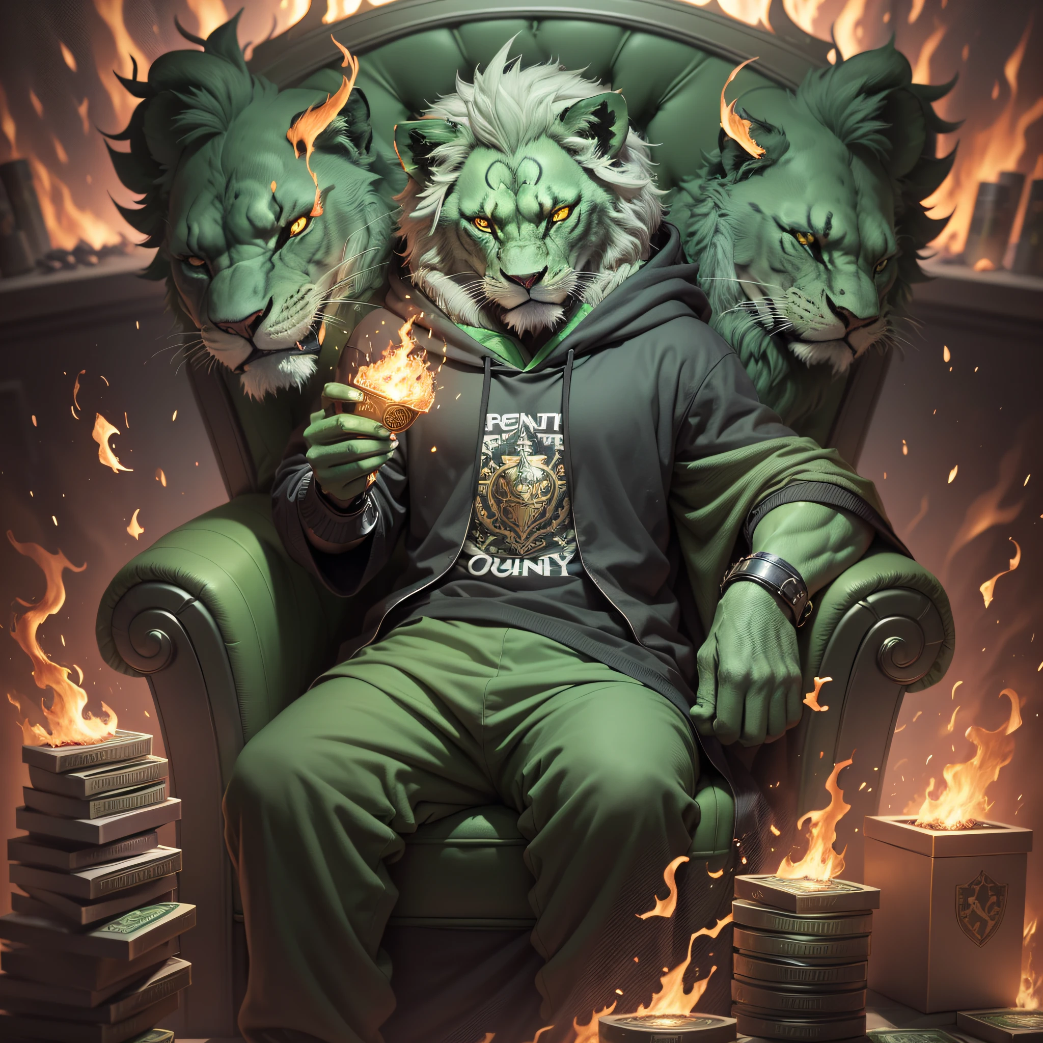 green Lion in black hoodie, holding stacks of money, sitting on a throne, room burning, ground on fire, chair on fire, hood down, sparkling eyes, devil eyes, heart-shaped eyes, evil smile, happy, anger vein, wide shot, Sony FE, award winning, best quality, masterpiece, retina, anatomically correct, 16k, highres