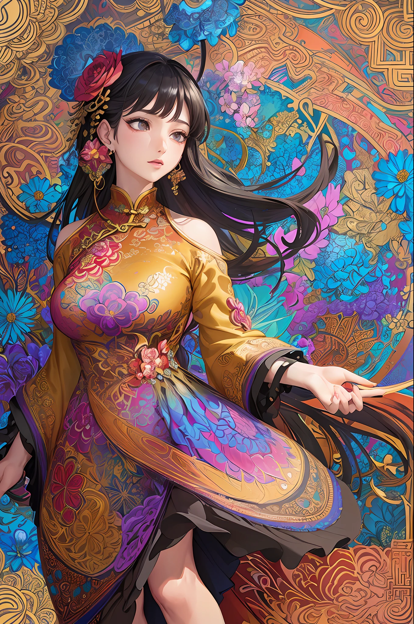 (masterpiece, top quality, best quality, official art, beautiful and aesthetic:1.2), (1girl:1.3), extremely detailed,(fractal art:1.1),(colorful:1.1)(flowers:1.3),highest detailed,(zentangle:1.2), (dynamic pose), (abstract background:1.3), (chinese dress:1.2), (shiny skin), (many colors:1.4), ,(earrings:1.4),