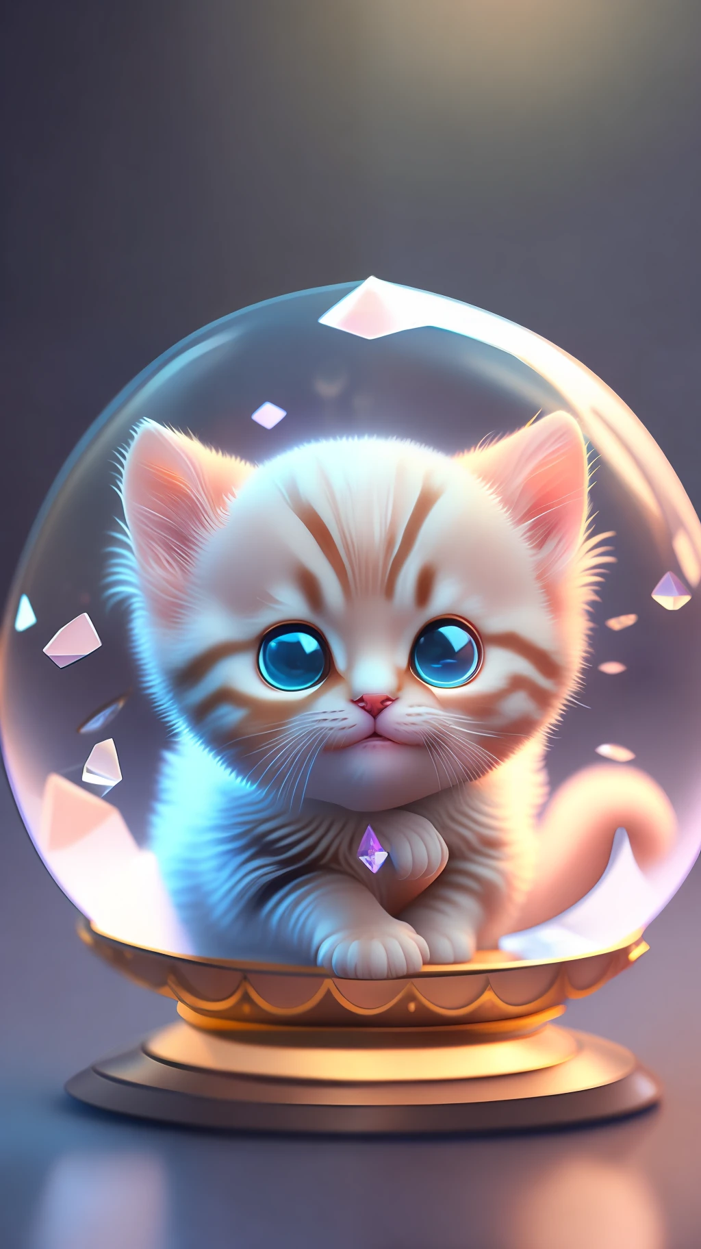 A cute kitten, made of a crystal ball, open mouth, laugh, Morandi color system, highly detailed complex concept art trend with low-poly eyes artstation 8k, laughing !!