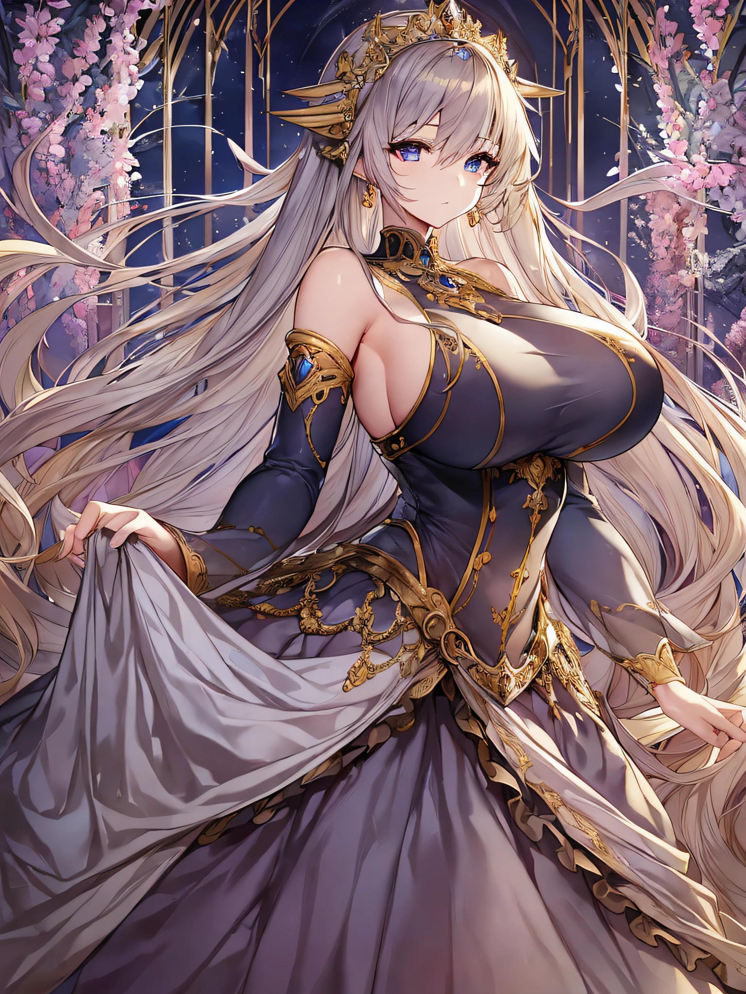 ((anime moe artstyle)),noble atmosphere,(Masterpiece), (Best Quality), (Super Detail),Illustration,(Very Delicate and Beautiful),Dynamic Angle,Looking at viewer,(((Solo))),((Full body)),(((1 gorgeous princess in ball gown with a voluminous skirt))),jewel-like eyes,(Very Long Hair),gorgeous embroidery and lace,See-through,ornate ruffles,(gigantic breasts,Huge breasts,Bulging breasts,Long breasts),(gorgeous ball gown with a voluminous skirt),
