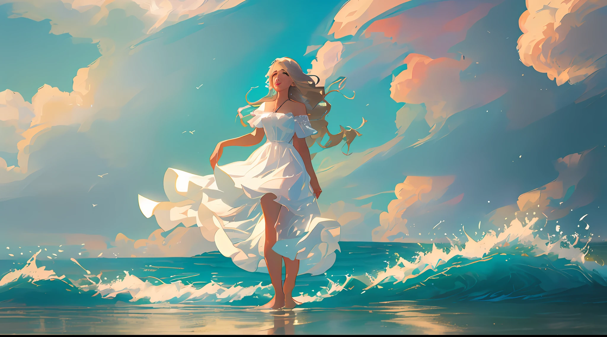 Very elaborate CG Unity 8K wallpaper, for girls, ultra high resolution, (photorealistic: 1.4), detailed depiction, beautiful girl, beach scene, wind, clouds, waves, elegant white dress, sun shining, reflection on water surface