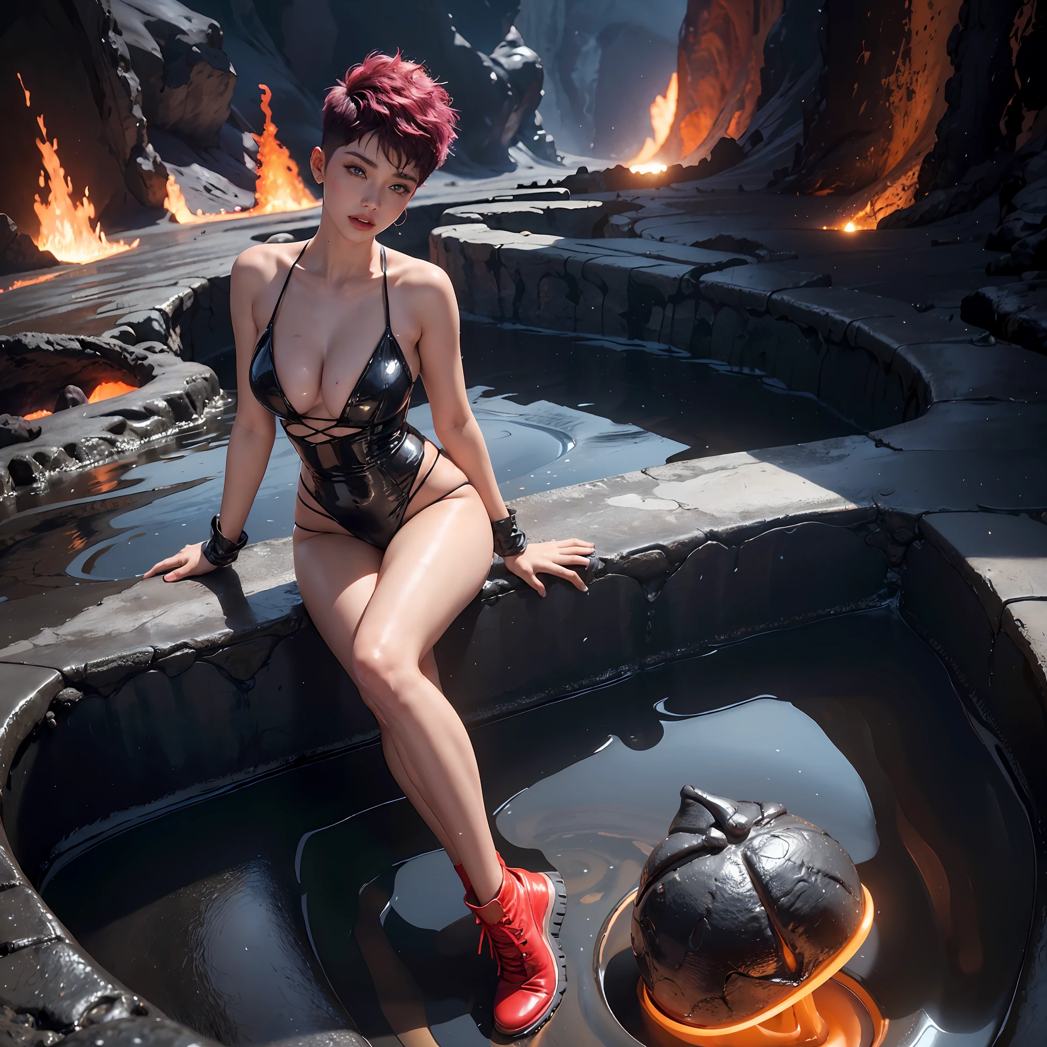 a sexy witch, wearing lingerie, posing in a volcano's molten lava, magical setting, full body shot, photorealistic, (hi-top fade:1.3), full body shot, seductive close-up shot, sexy, tight wet clothes, long hair soothing tones, muted colors, high contrast, (natural skin texture, hyperrealism, soft light, sharp),