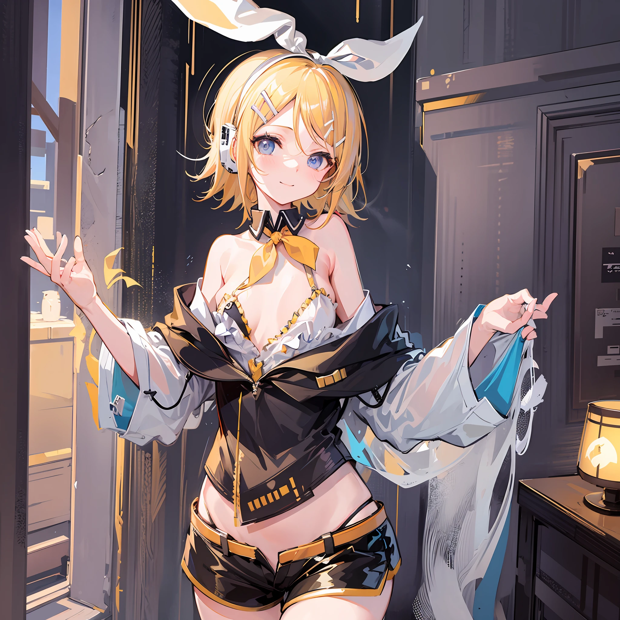 Masterpiece, Top Quality, Illustration, Ultra Detail, High Resolution, Absurdity, One Girl, (Kagamine_Rin:1.5), Vocaloid, Very Cute, (Blonde), [Short Hair], Hair Clips, (Pretty Blue Eyes), Lively Eyes, (Bright Eyes: 1.2), Beautiful Girl, Smiling, (Black Shorts: 1.5), (Yellow Neckerchief), (White Hair Ribbon), [ White Hair Clips, Headphones, Viewers Love, Heart, Love Love, Light, Delicate Hands, Innocence, (Young: 1.3), (Little Girl), (Loli), Girlfriend, Bedroom, Night, Delicate Eyes, ???? Legs, [Blue Archive Style], [Beautiful Girl Anime Style], Estrus / Naughty Mood, Pampered, ????, Grinning, Seducing, Beginning to ???????, Fluffy Clothes, ?????, clean skin, revealing, see-through, wet, cleavage, ??????????, ????? ???????, ????, cowboy shot, belly button visible, [devil's laugh], female brat,