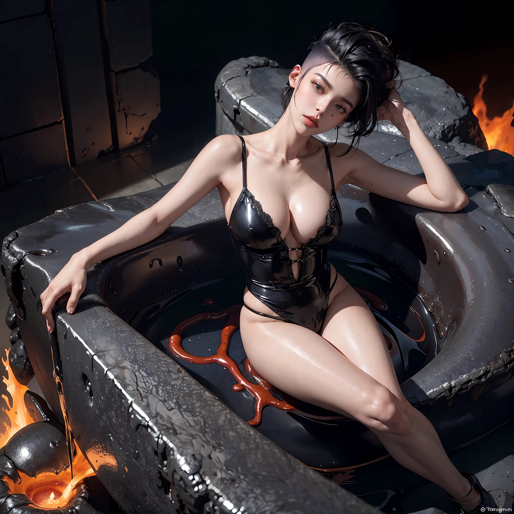 a sexy witch, wearing lingerie, posing in a volcano's molten lava, magical setting, full body shot, photorealistic, (hi-top fade:1.3), full body shot, seductive close-up shot, sexy, tight wet clothes, long hair soothing tones, muted colors, high contrast, (natural skin texture, hyperrealism, soft light, sharp),