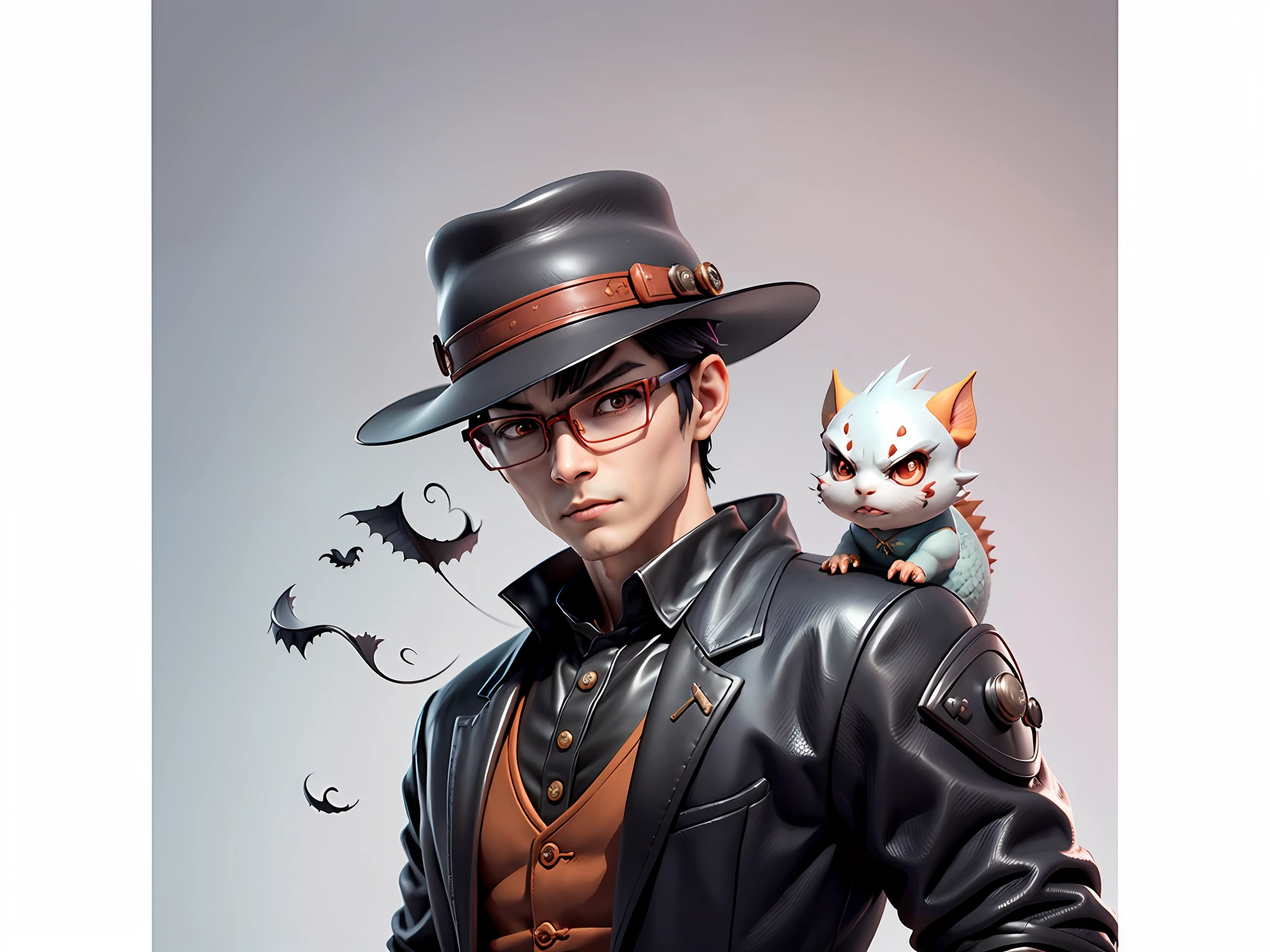 Young man with oriental face in leather hat, dragon, formal suit, short black hair, silver glasses, digital painting, 3D character design by Mark Clairedon and Pixar and Hayao Miyazaki and Akira Toriyama, the illustration is a high-definition illustration in 4K resolution with very detailed facial features and cartoon-style visuals.