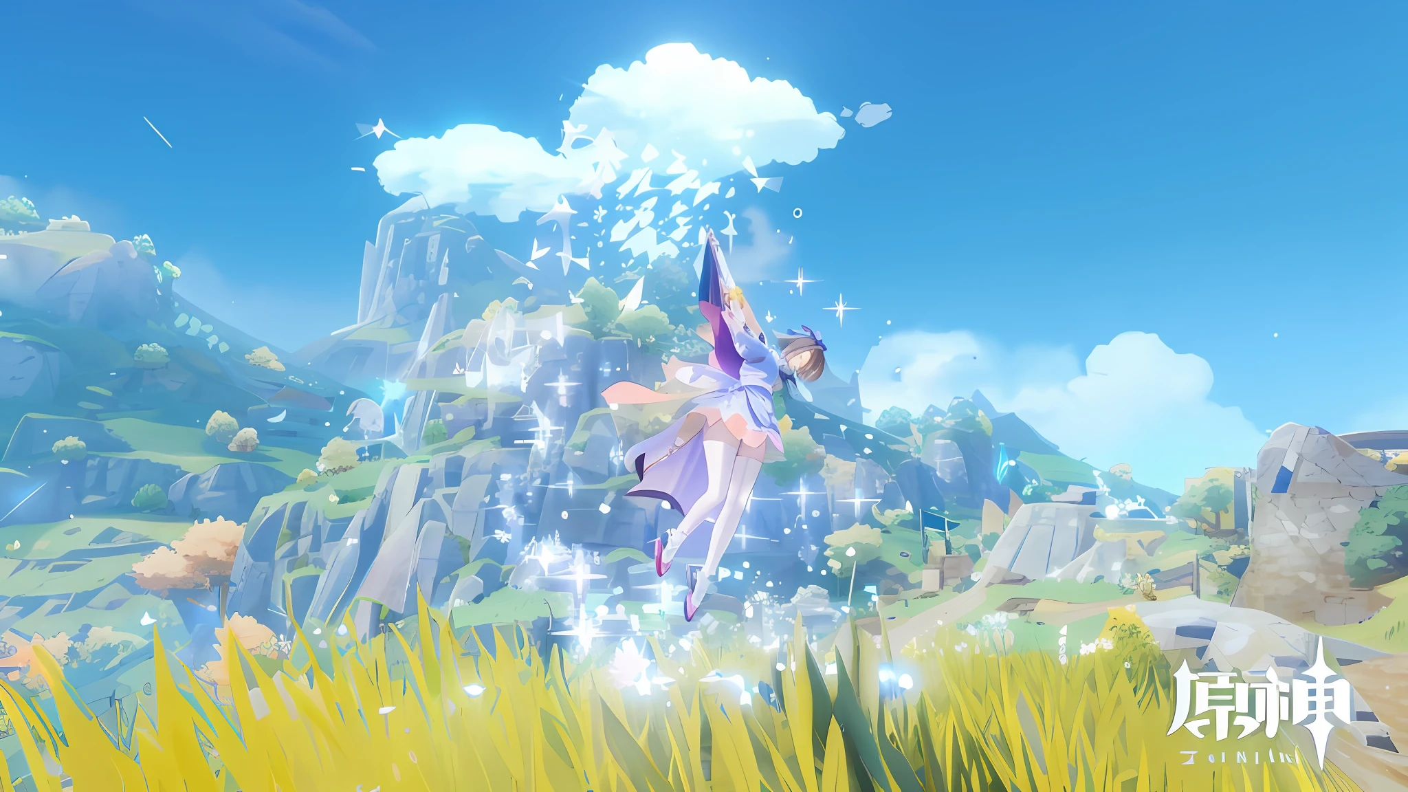 À la Fed image of a woman flying in the field in the sky, mana in the air, Ayaka game Genshin Impact, Shinkai Genshin Impact, Video game Genshin Impact, gameplay stills, Genshin, magical aura around her, spellcasting pose, Genshin impact style, side scroll, Genshin impact character, Genshin impact --auto --s2