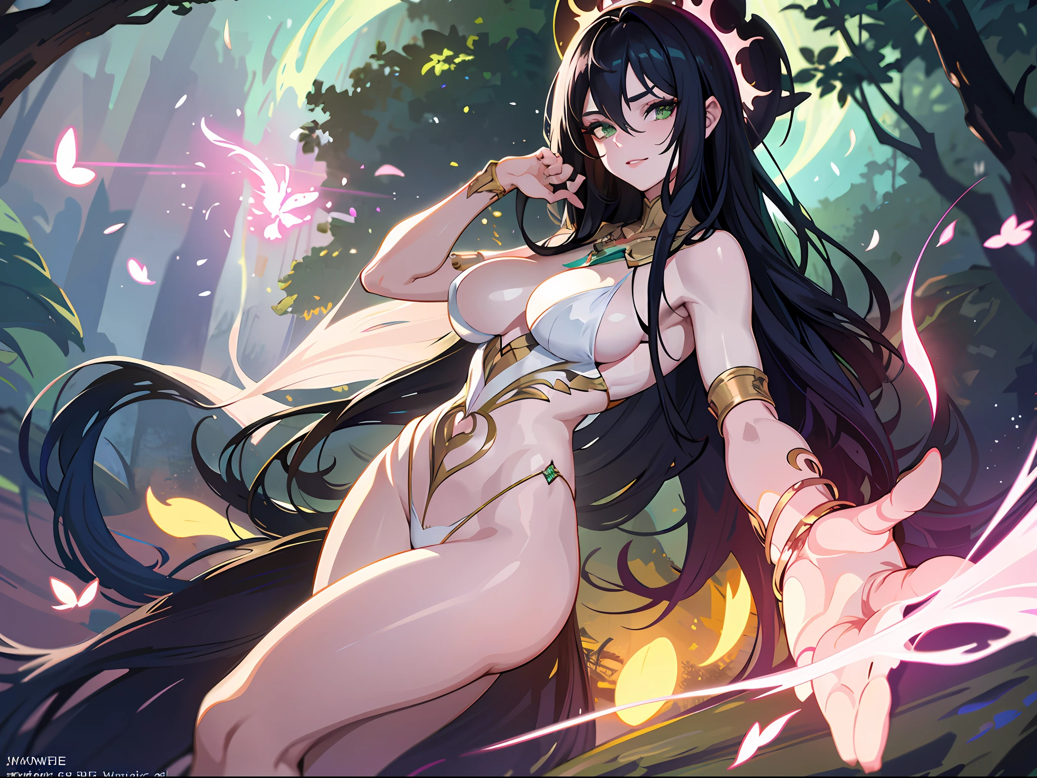 divine naked sexy witch girl, with mystical powers, posing in a magical glen surrounded by fireflies., wearing tiny panties, ass view, outline, daytime, unparalleled masterpiece, ultra realistic 8k CG, perfect artwork, ((perfect female figure)),white and black hair, green eyes, mature female, milf, narrow waist, looking at viewer, seductive posture, sexy pose, alluring, clean, beautiful face, pure face, pale skin, absurdly long hair, (huge breasts),