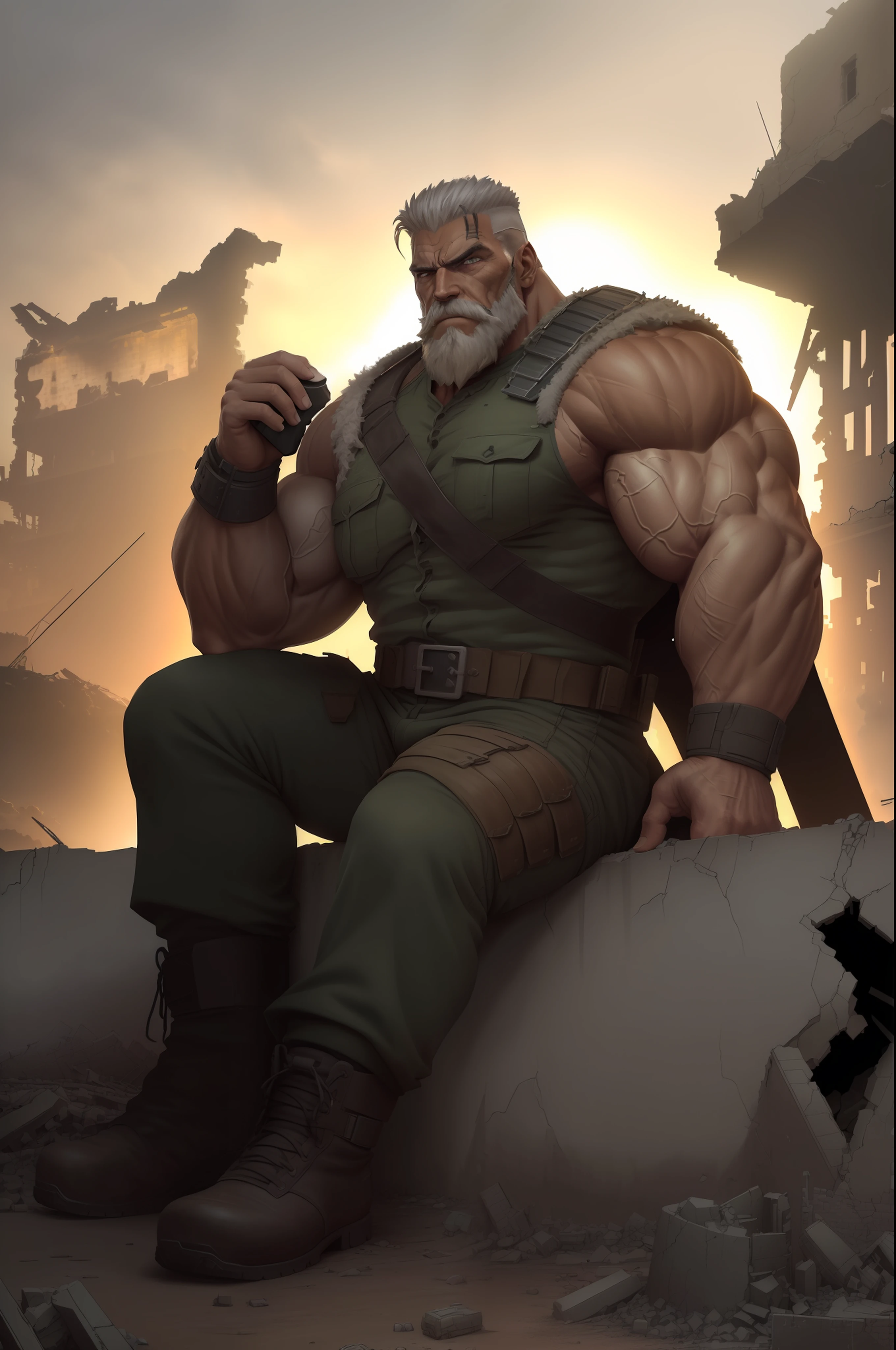extremely detailed, detailed face, detailed muscle, (view full body), ((1man)), (object (huge muscular old man soldier sitting resting in the ruins of the building)), the old man is soldier and wearing soldier uniform, old man (facial hair, beaded, white beard, battel scar face, short hair, white hair, strong character, strong muscle), (background ((waster land, post-apocalypse, ruined city))), (photography (50mm lens, cinematic, cinematic color)) gigachad muscular, muscular!!, large muscles, big muscle, muscular!, powerful and huge, big muscles, muscular!!!, muscular characters, musclebound and hulking, giant and fat, as a titan, muscular!! sci-fi, massive muscles, strong and imposing, big arms