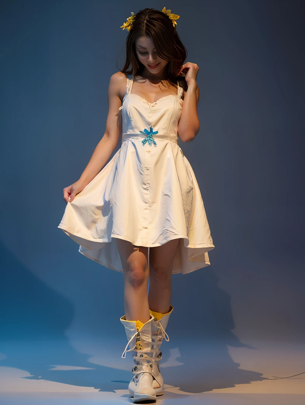 Mature Woman, smiling, cute, cityscape, daytime, bluish, wet, professional lighting, photon mapping, a white, silk blue dress and boots on a white background, yellow cut dress, ta dress, classical witch robe, gothic clothing,