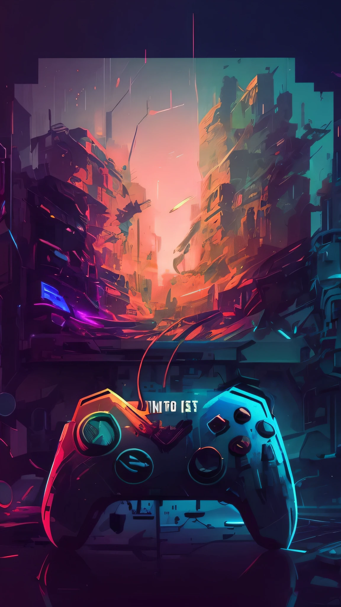 video game controller closeup in front of TV, cyberpunk art style, digital art #oneshotgame, computer game art, video game digital art, game aesthetics, gamer aesthetics, video game fan art, beeple!, cyberpunk themed art, beeple everyday art, beeple color, beeple masterpiece, beeple artwork, simple poster with only one main image,