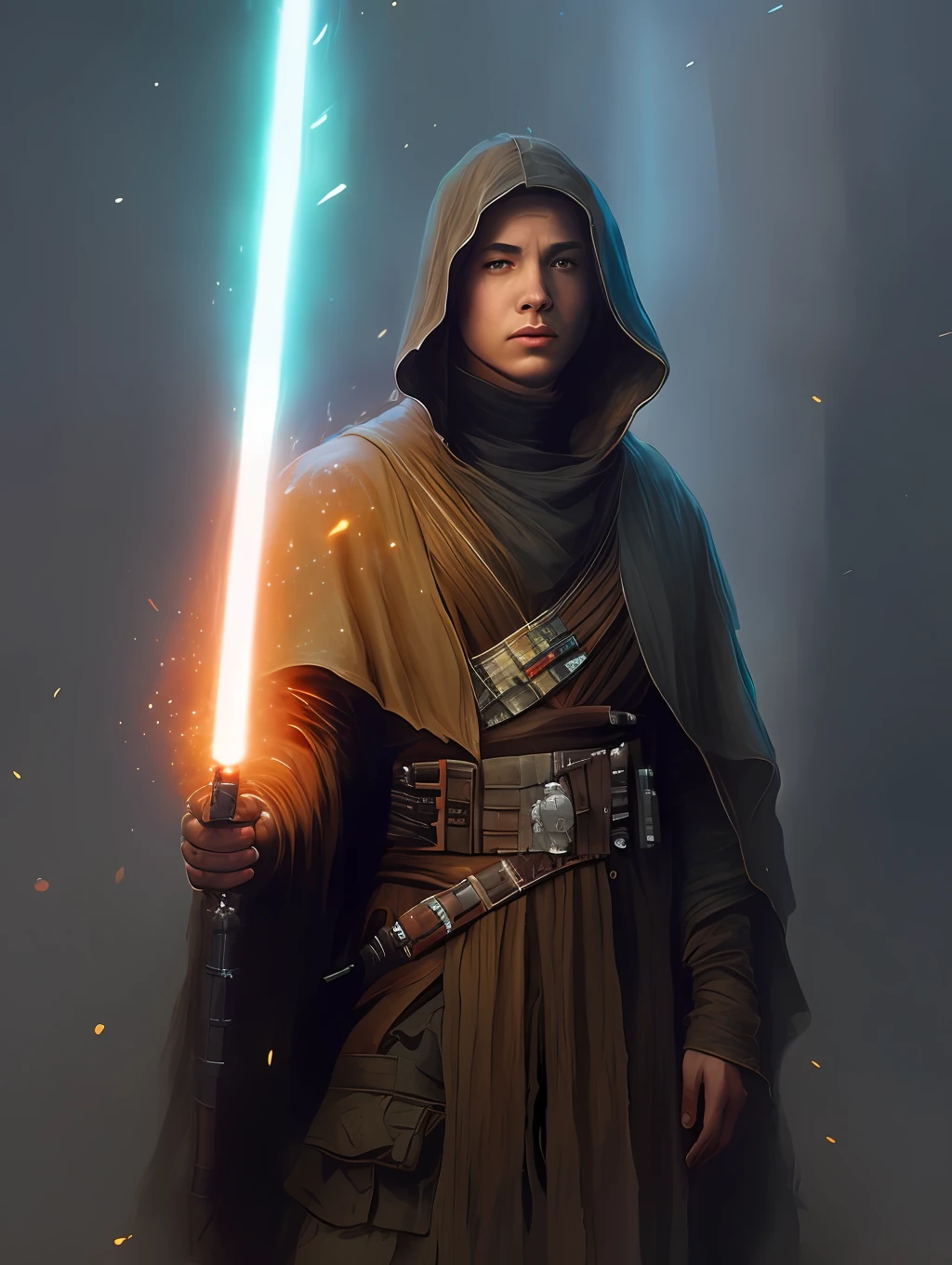 medium range portrait of a hyperdetailed in the style of a A Star Wars’s Jedi Grandmaster in the style of Mark Demsteader, wizard dnd character, (pleasant:1.3) thoughtful expression, (using a light saber:1.3), cinematic shot on canon 5d ultra realistic skin, Steve Henderson Fabian Perez Henry Asencio, Jeremy Mann Marc Simonetti fantasy magical horror atmosphere, (highly detailed environment:1.3)
